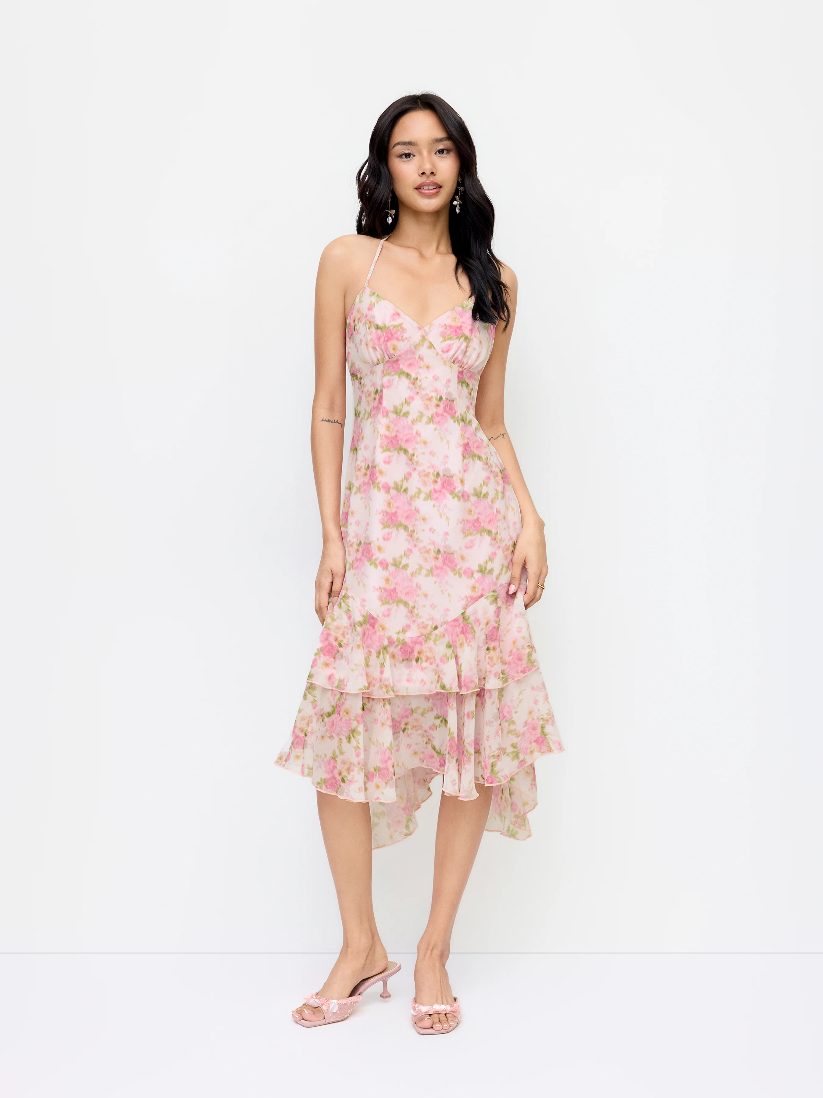 Chiffon Floral V-neck Layered Mermaid Midi Dress