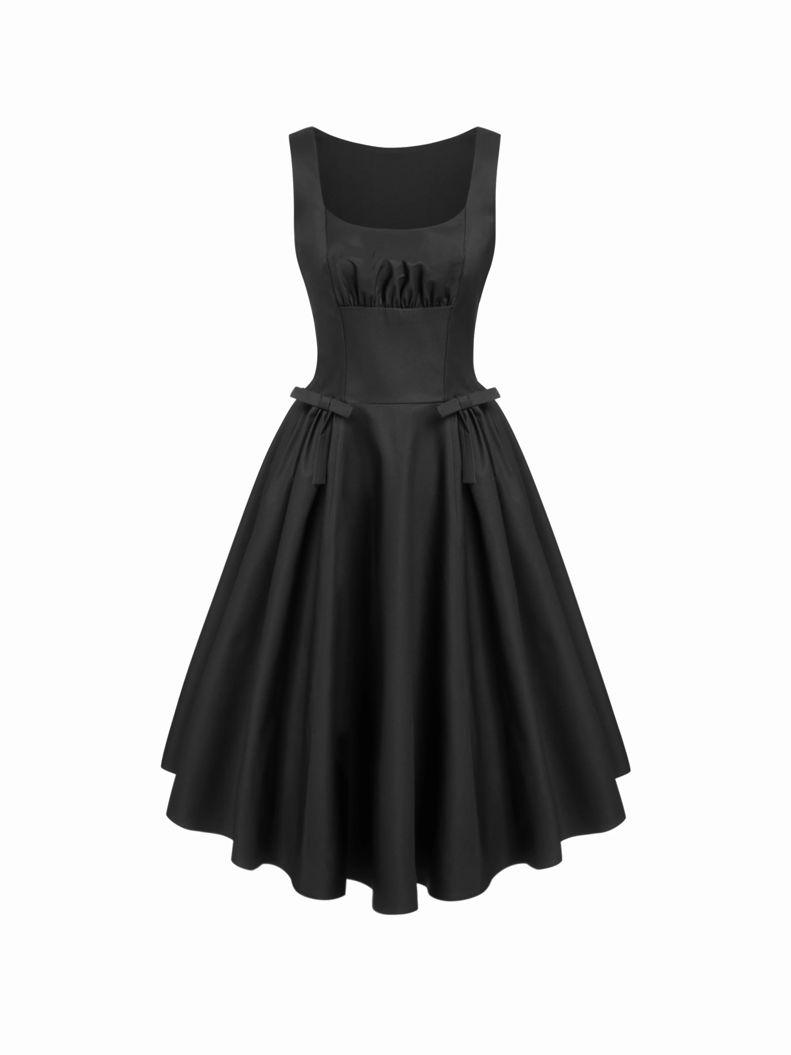 Sculptural Square Neck Bowknot Ruched Mid Rise Flared Midi Dress