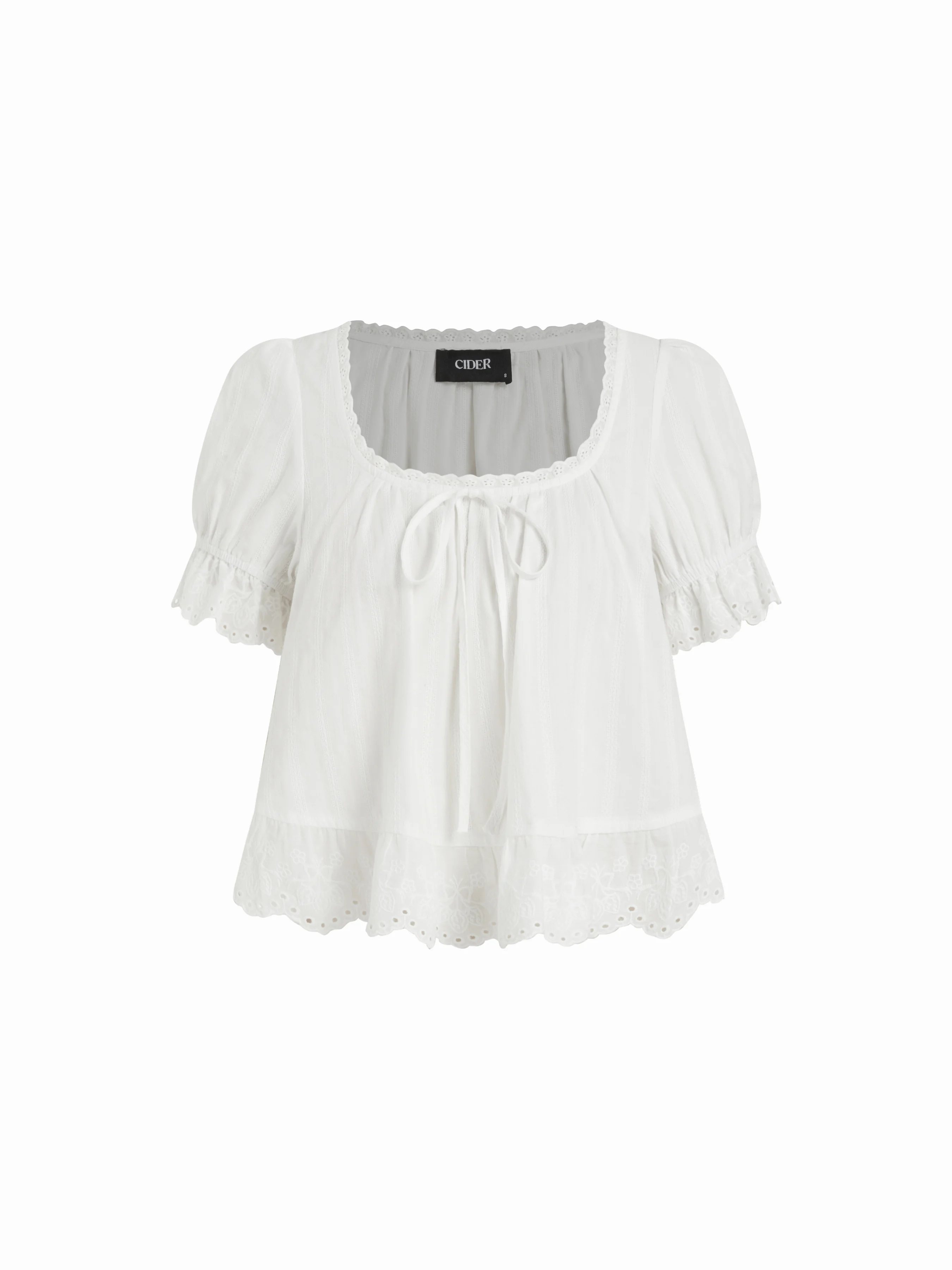 Cotton Lace Trim Knotted Short Puff Sleeve Blouse