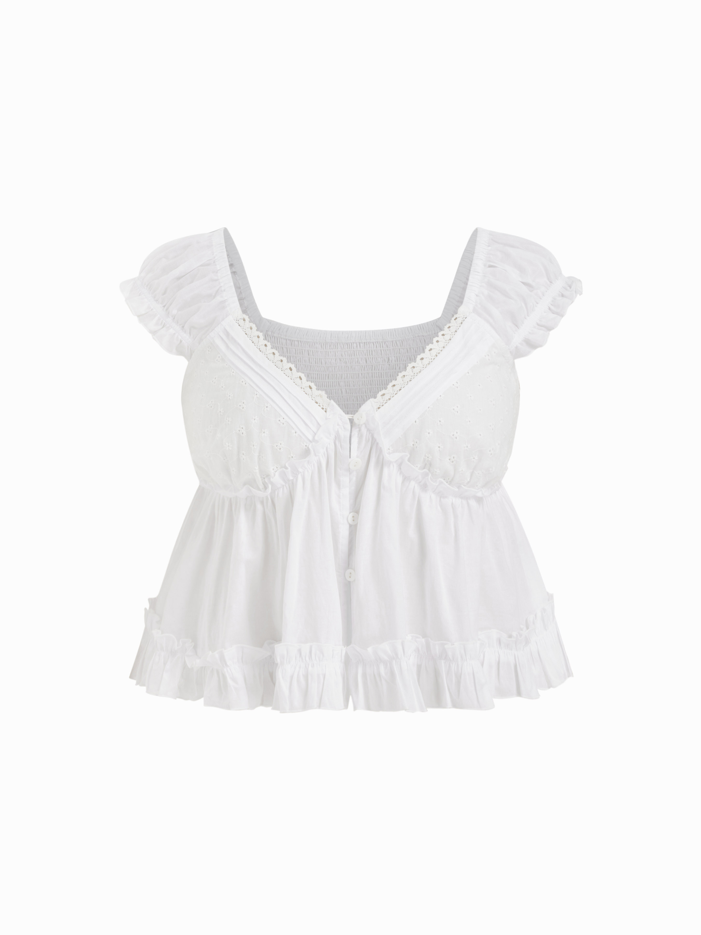 Cotton-blend V-neck Broderie Anglaise Ruffle Hem Blouse