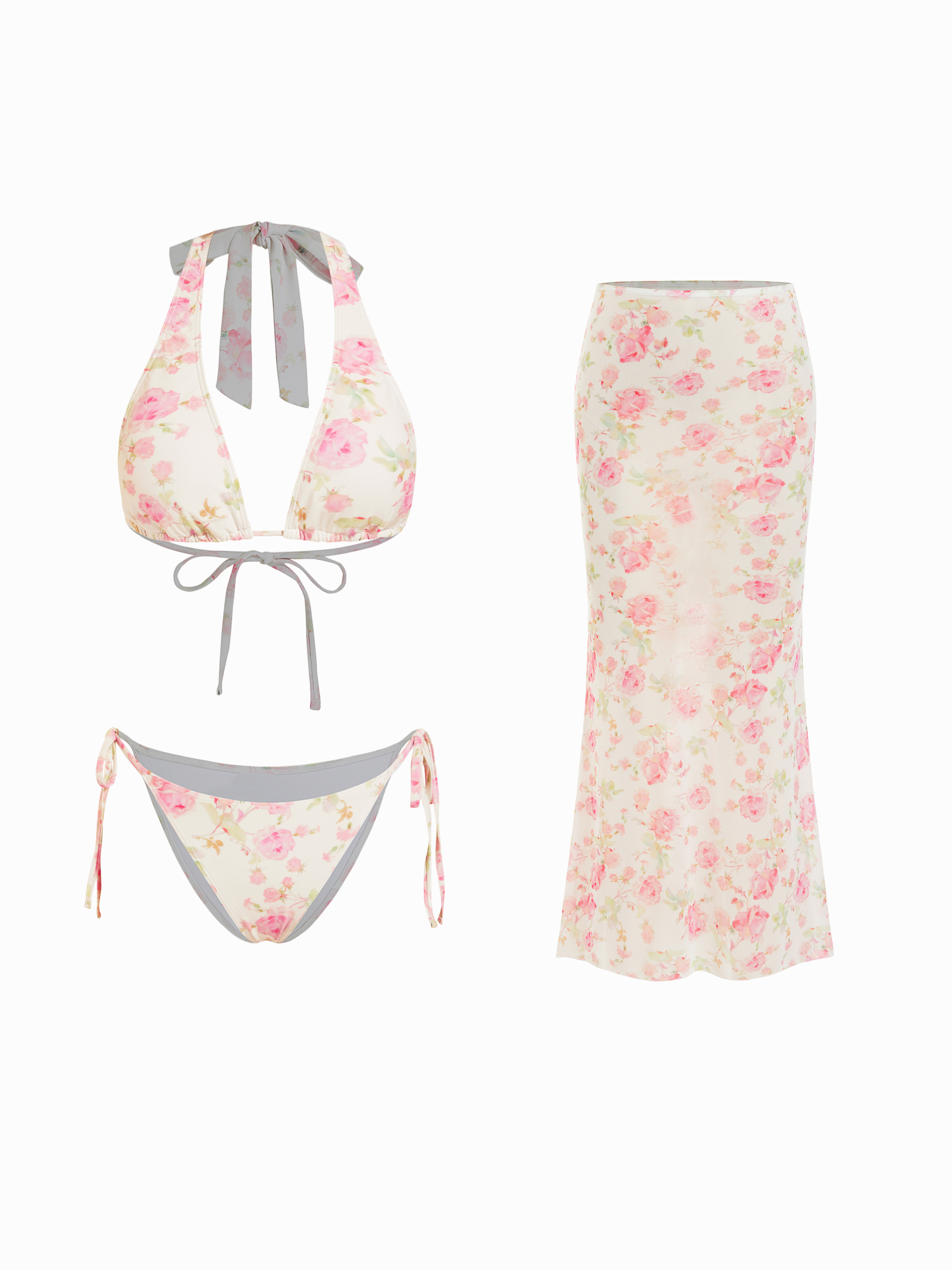 Floral Halter Neck Tie Side Bikini Set With Cover Up Skirt