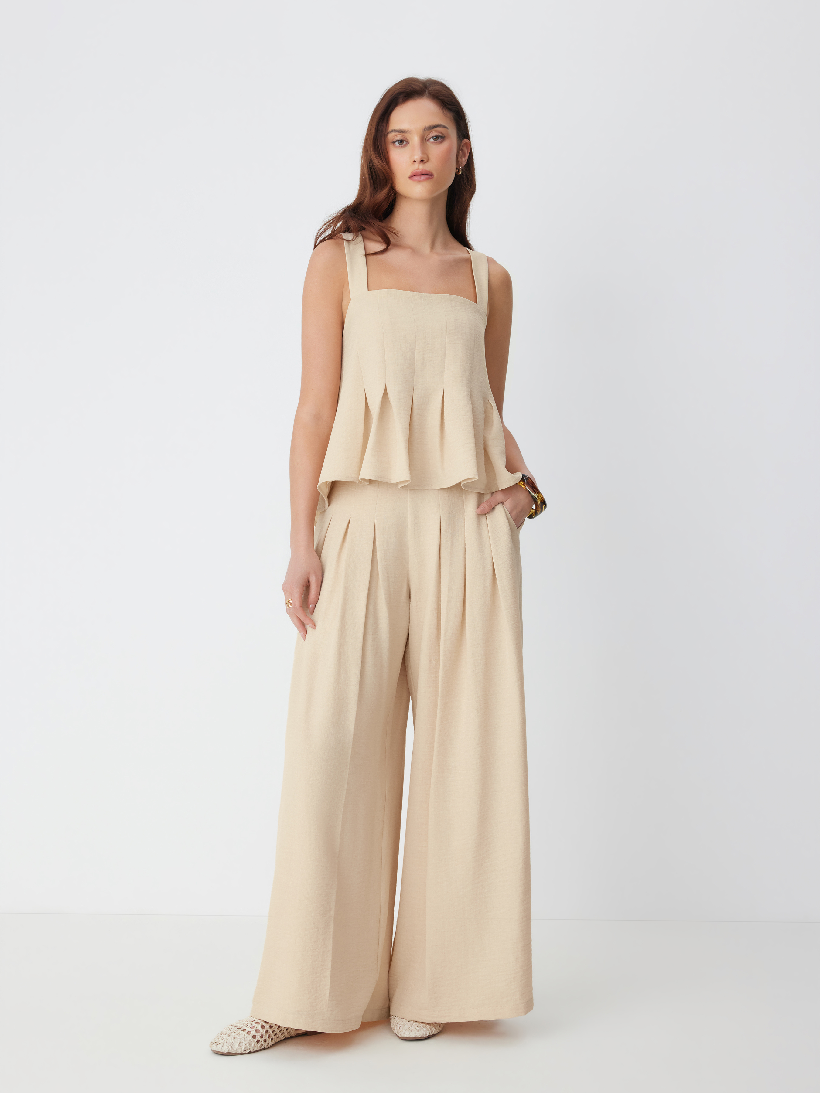 Square Neckline Pleated Cami Top & Mid Rise Wide Leg Pants Set