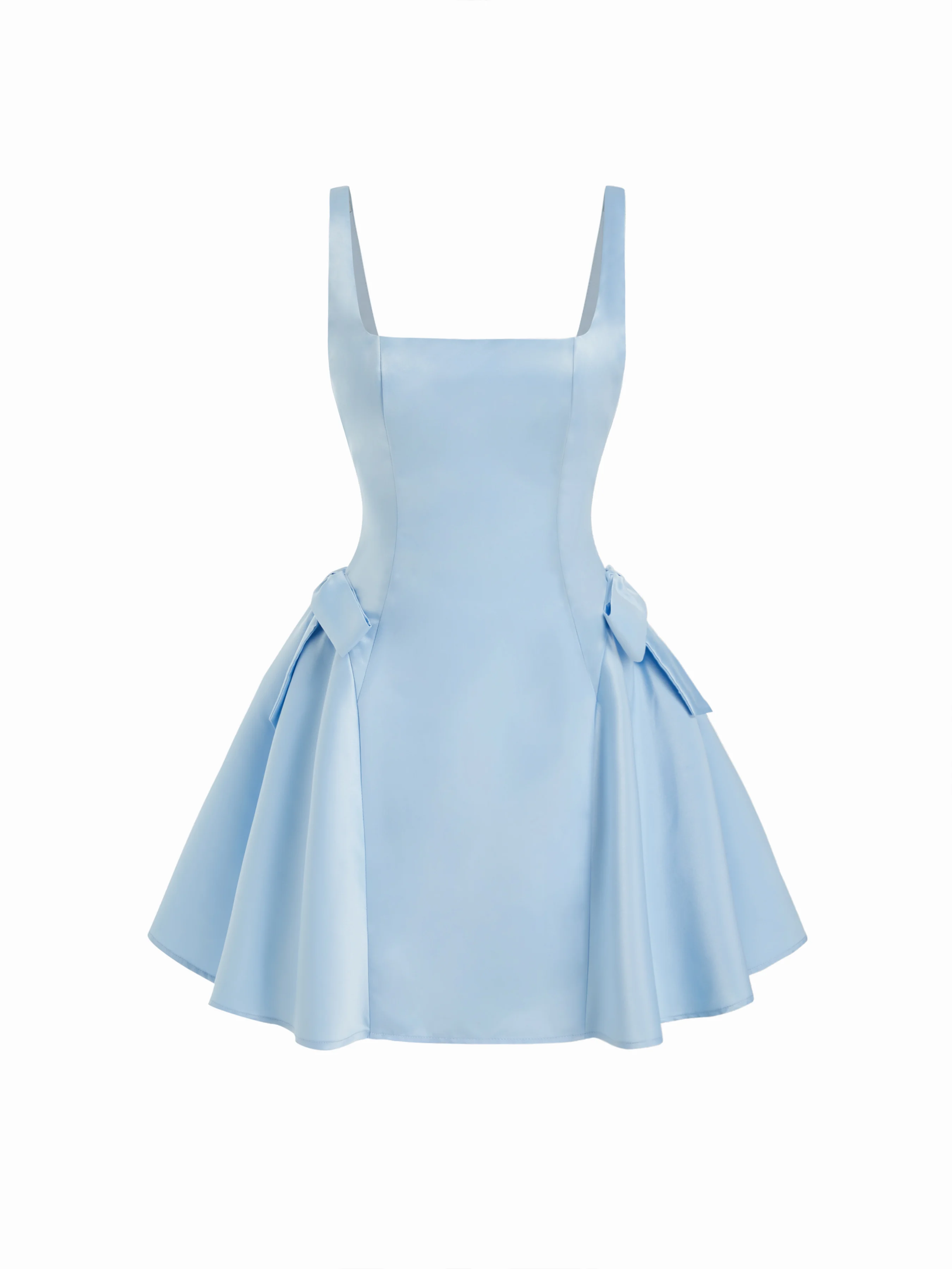 Satin Sculptural Square Neck Bowknot Flared Mini Dress
