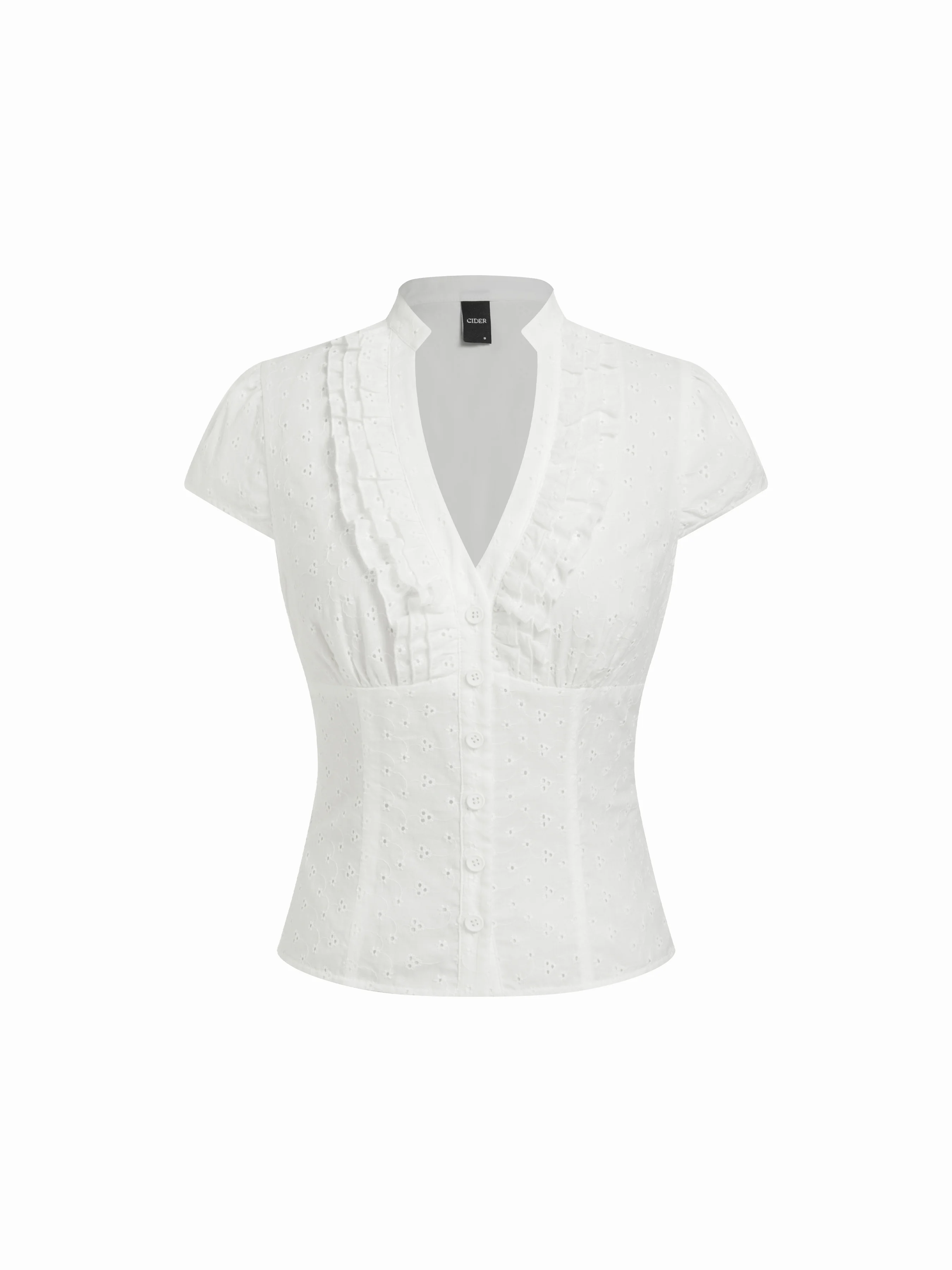 Cotton-blend Broderie Anglaise V-neck Ruffled Short Sleeve Blouse