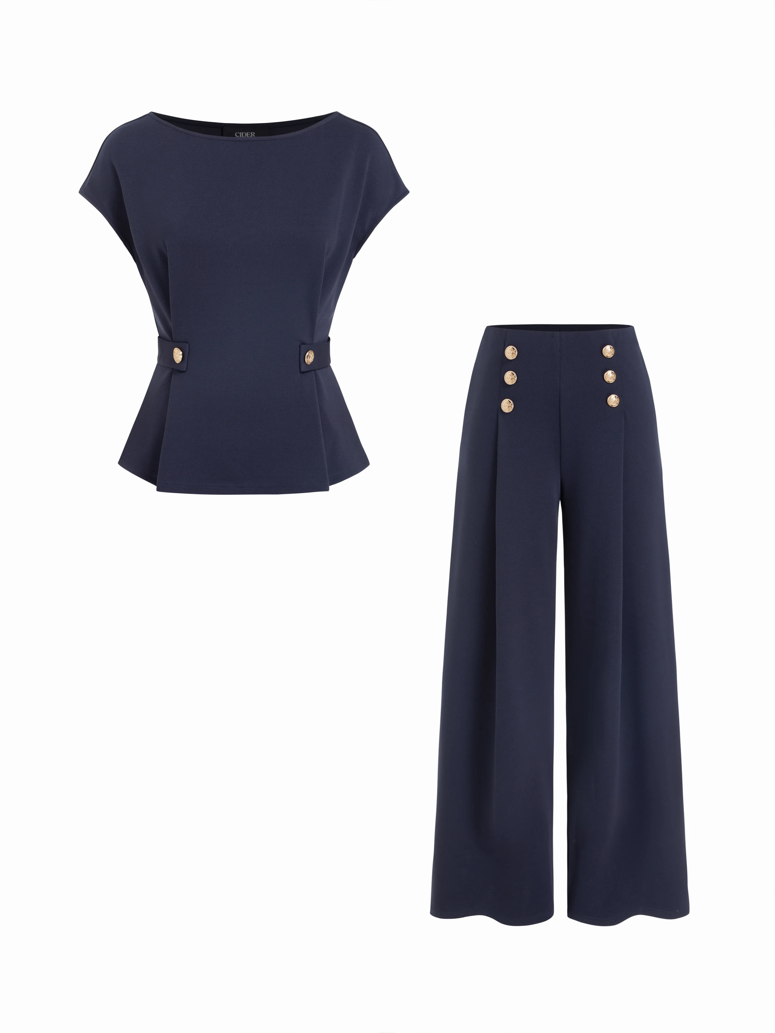 Napoleon Boat Neck Metal Button Top & Mid Rise Pleated Straight Leg Trousers Set