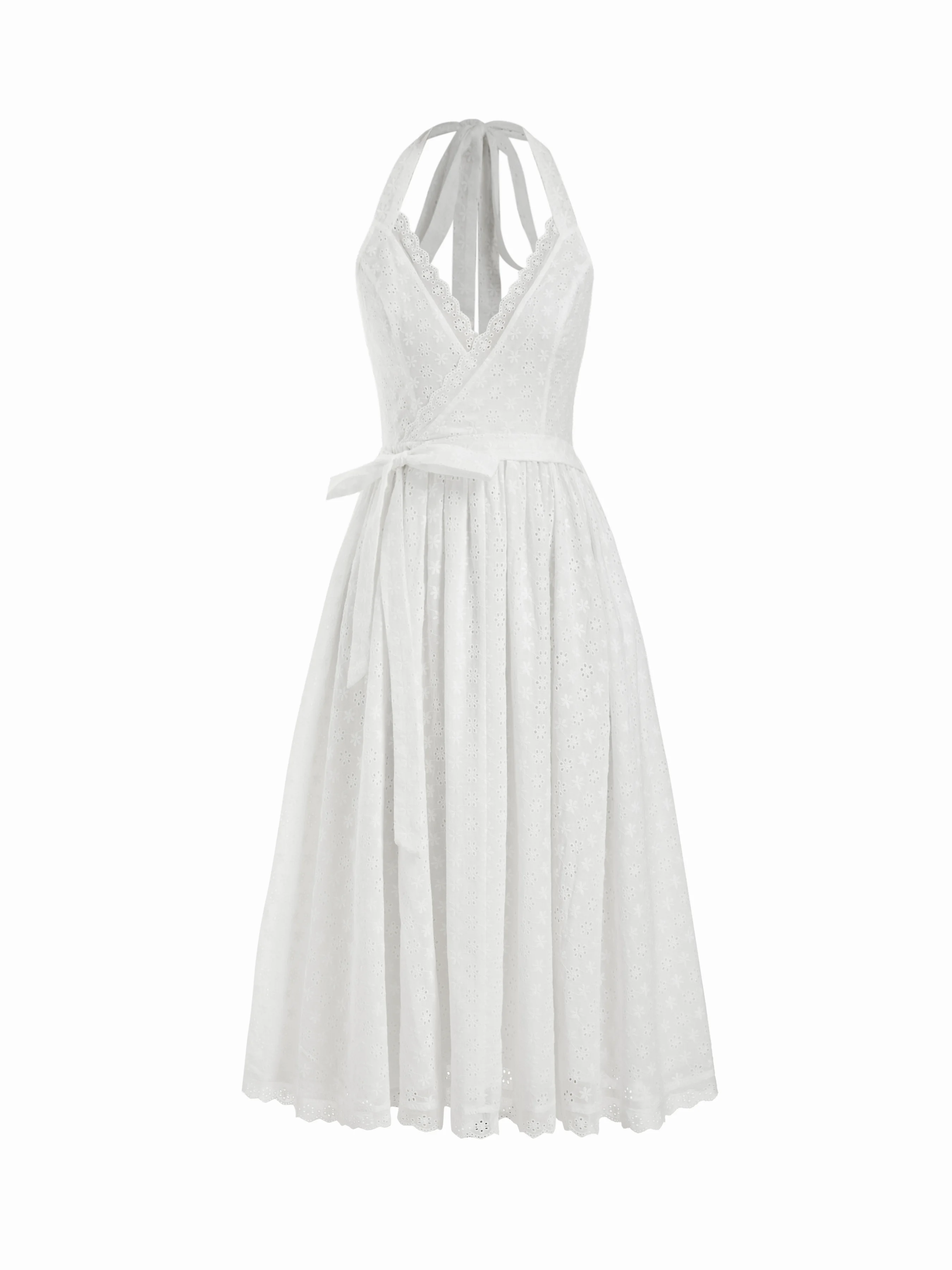 100% Cotton Textured Halter Neck Broderie Anglaise Wrap Flared Midi Dress