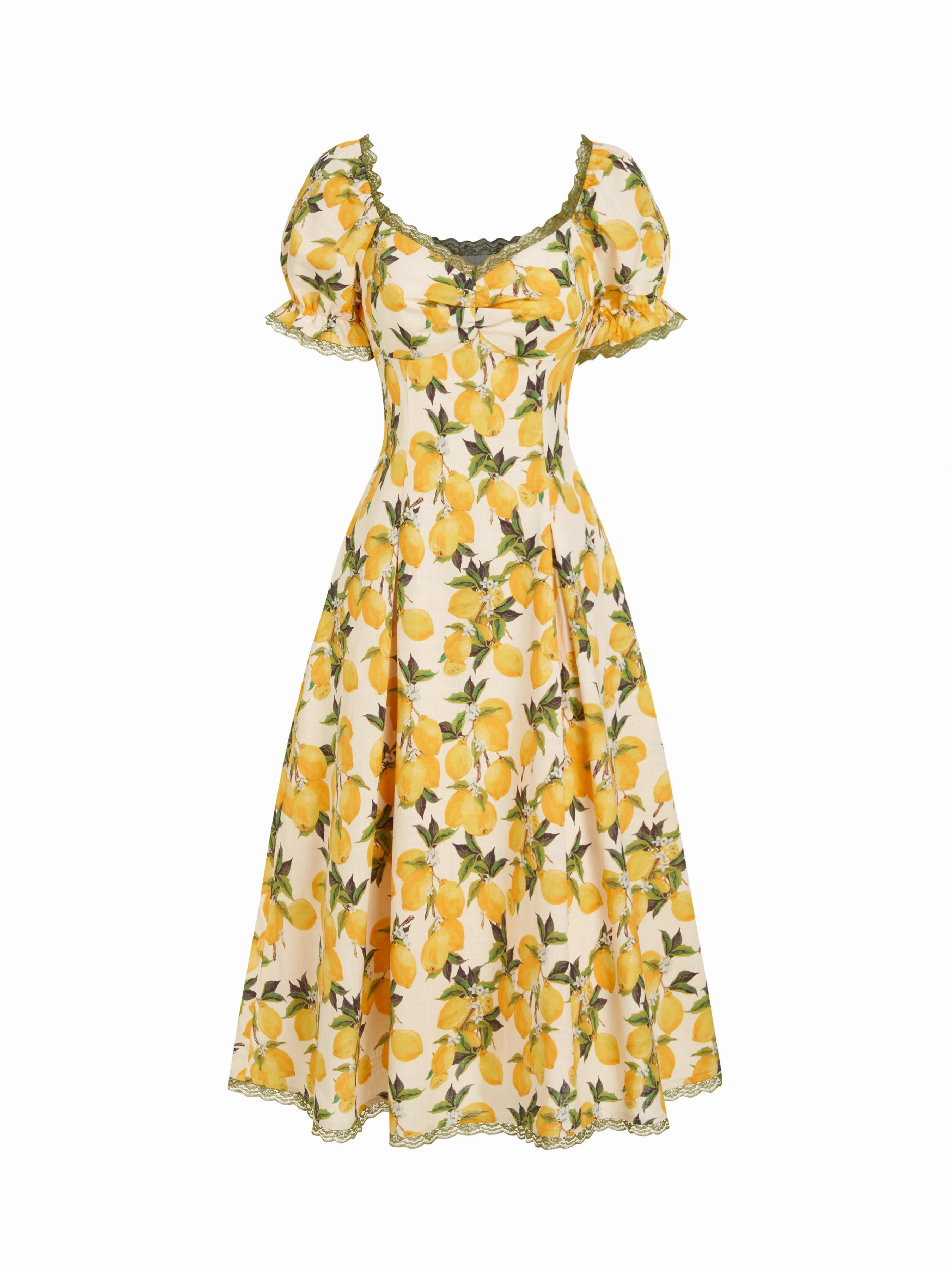 Cotton Lemon Graphic Sweetheart Puff Sleeve Lace Trim Midi Dress