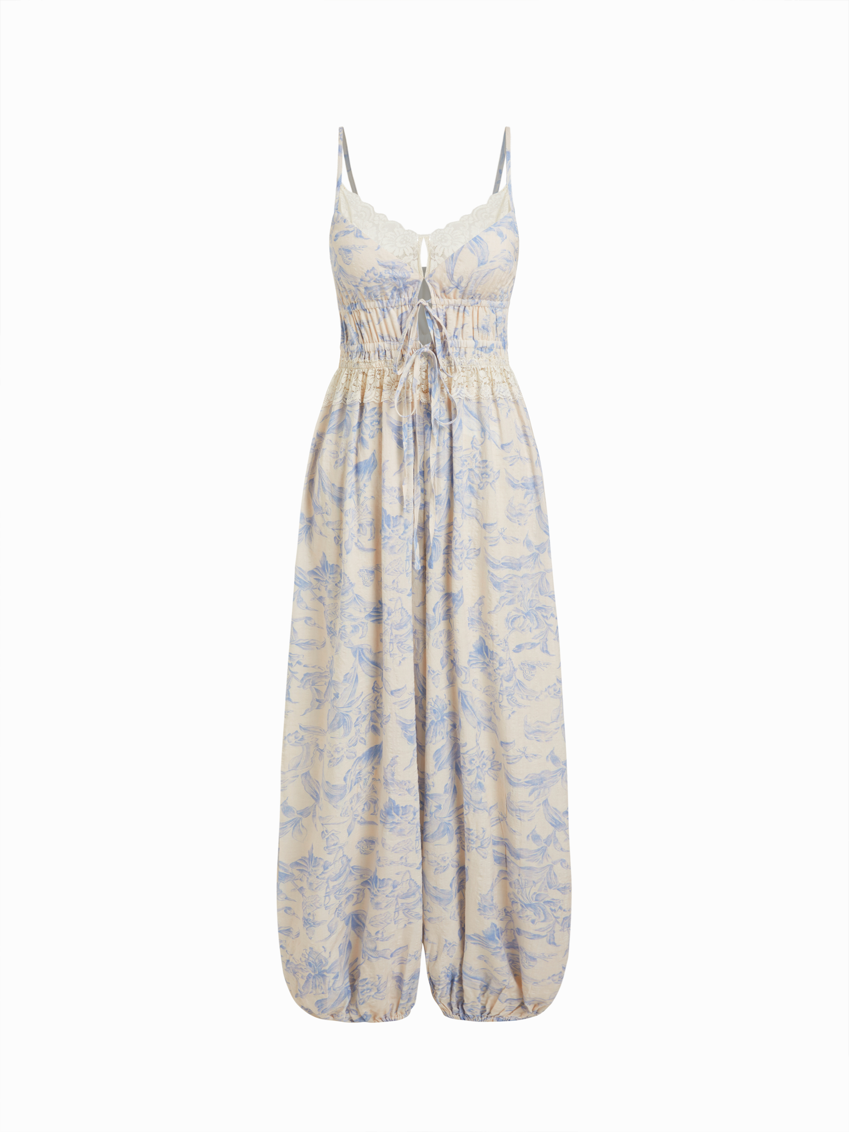 Cotton-blend Floral Sweetheart Cami Lace Trim Drawstring Barrel-leg Jumpsuit