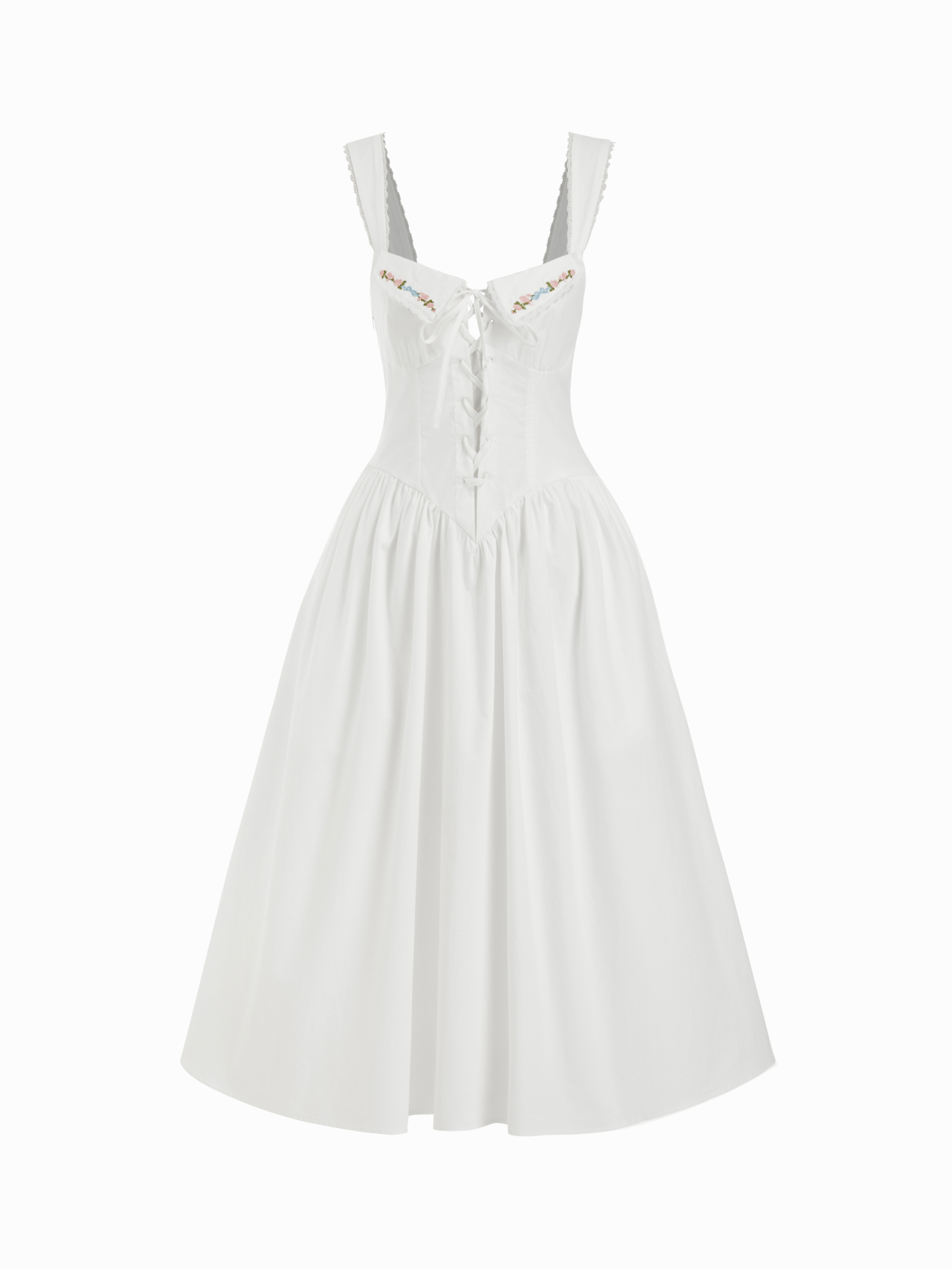 Cotton Sweetheart Floral Embroidery Lace Up Lace Trim Milkmaid Midi Dress
