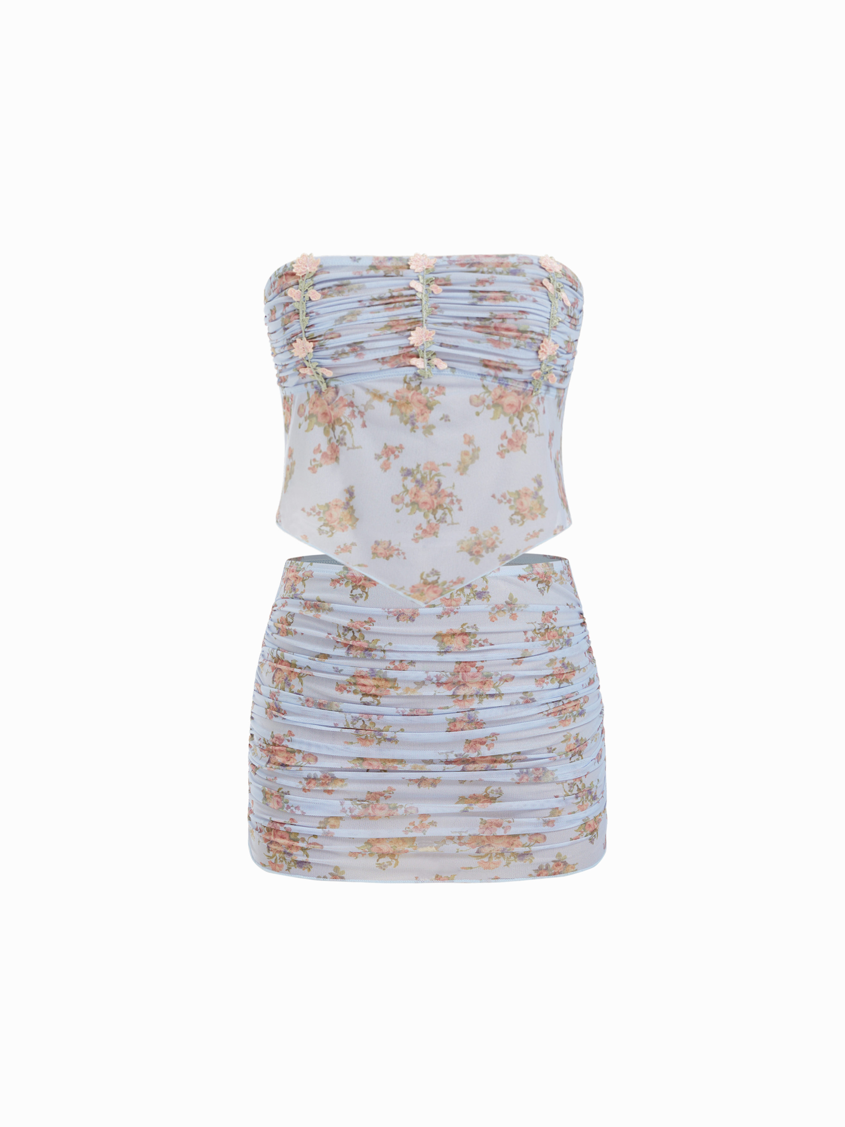 Floral Strapless Ruched Appliques Bandeau Top & Low Rise Skirt Cover Up Set