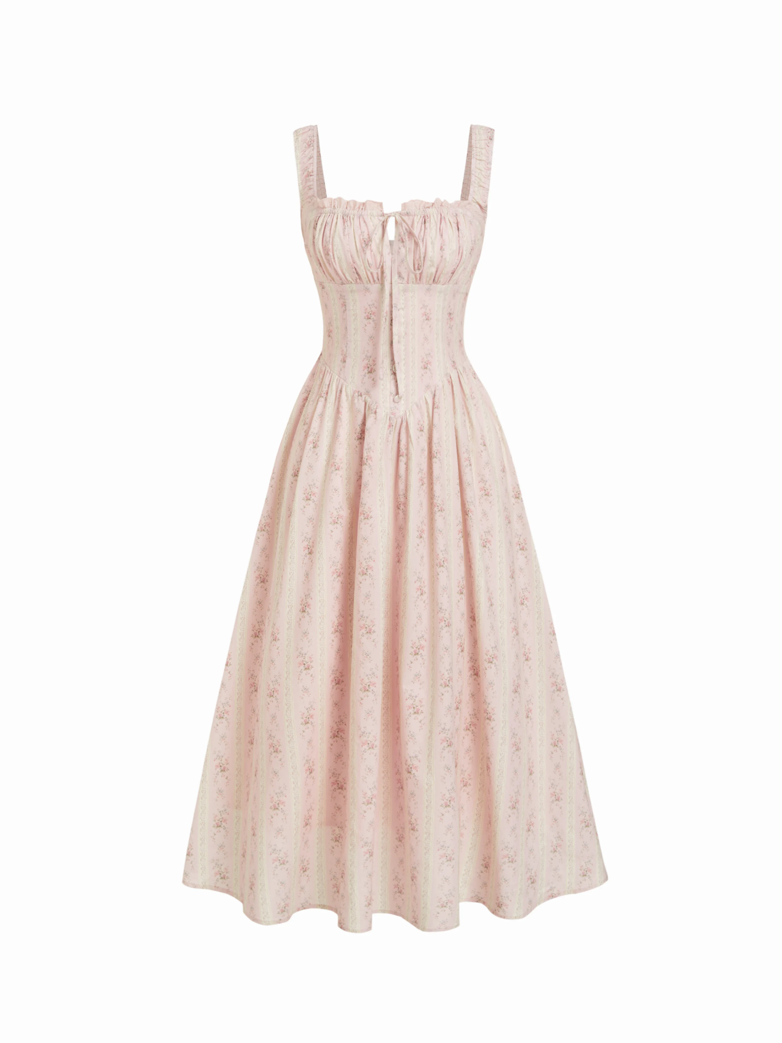 Cotton-blend Square Neck Floral Knotted Shirred Midi Dress