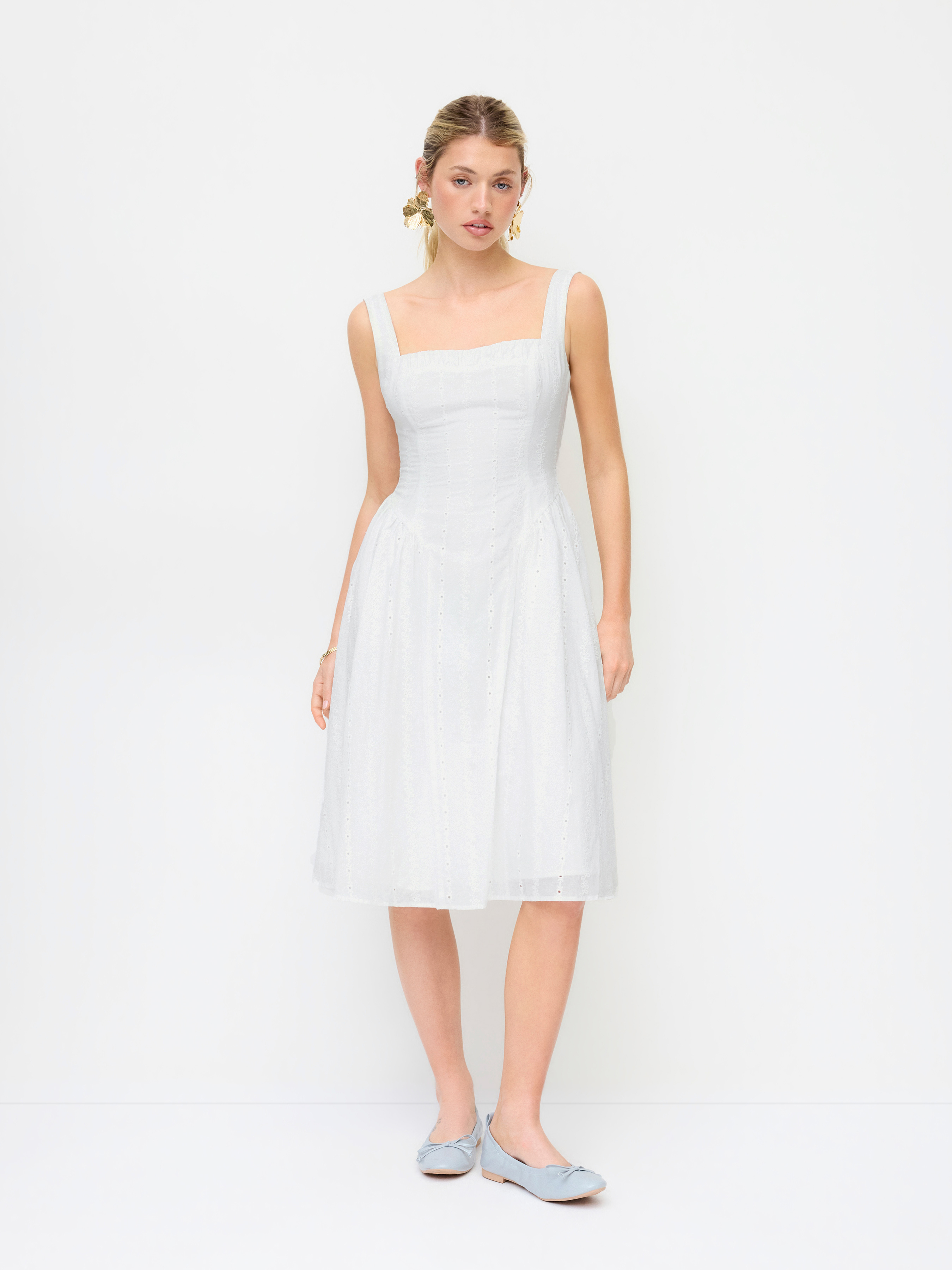Cotton-blend Square Neck Broderie Anglaise Knotted Midi Dress