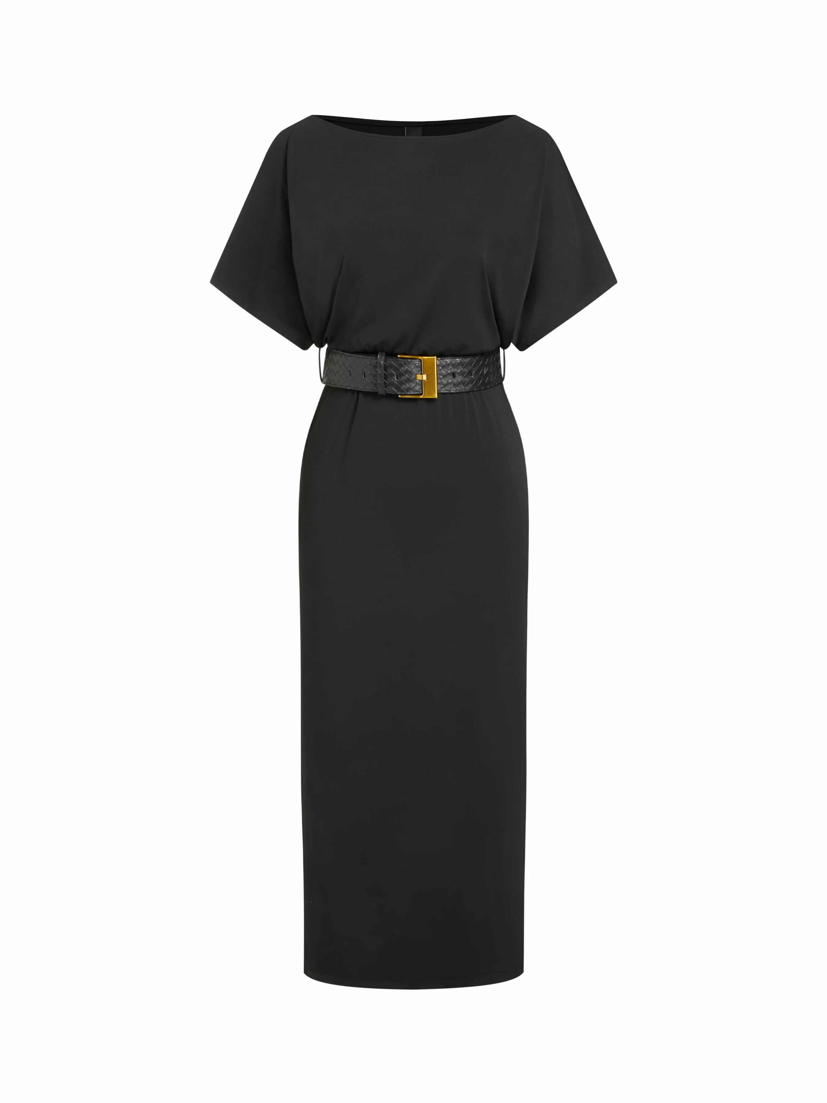 High Stretch Boat Neck Batwing Sleeve Straight Maxi Dress With Belt