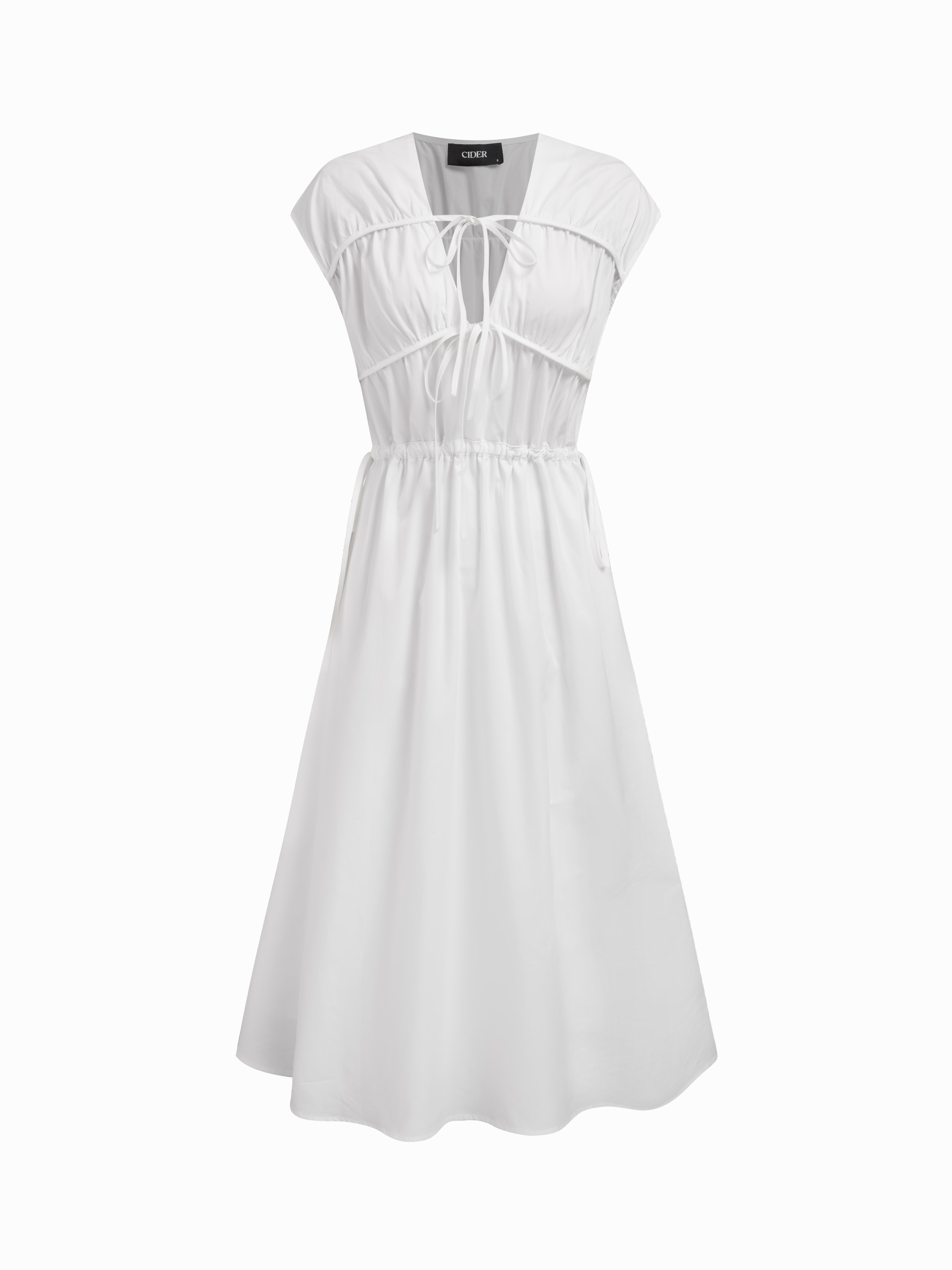 Cotton V-neck Tie Front Bow A-line Midi Dress