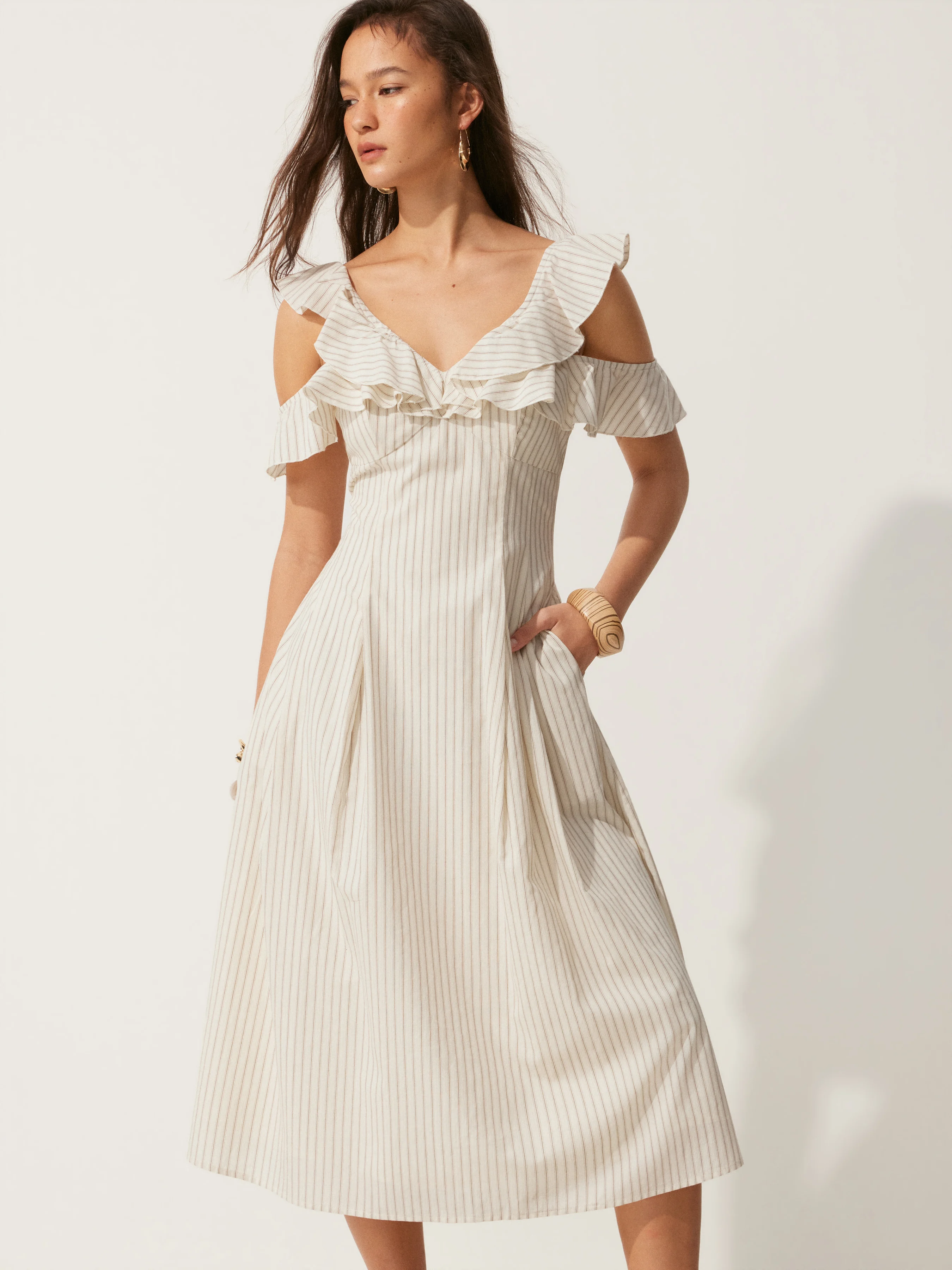 Cotton Striped V-neck Ruffle Sleeve Flared Midi Dress