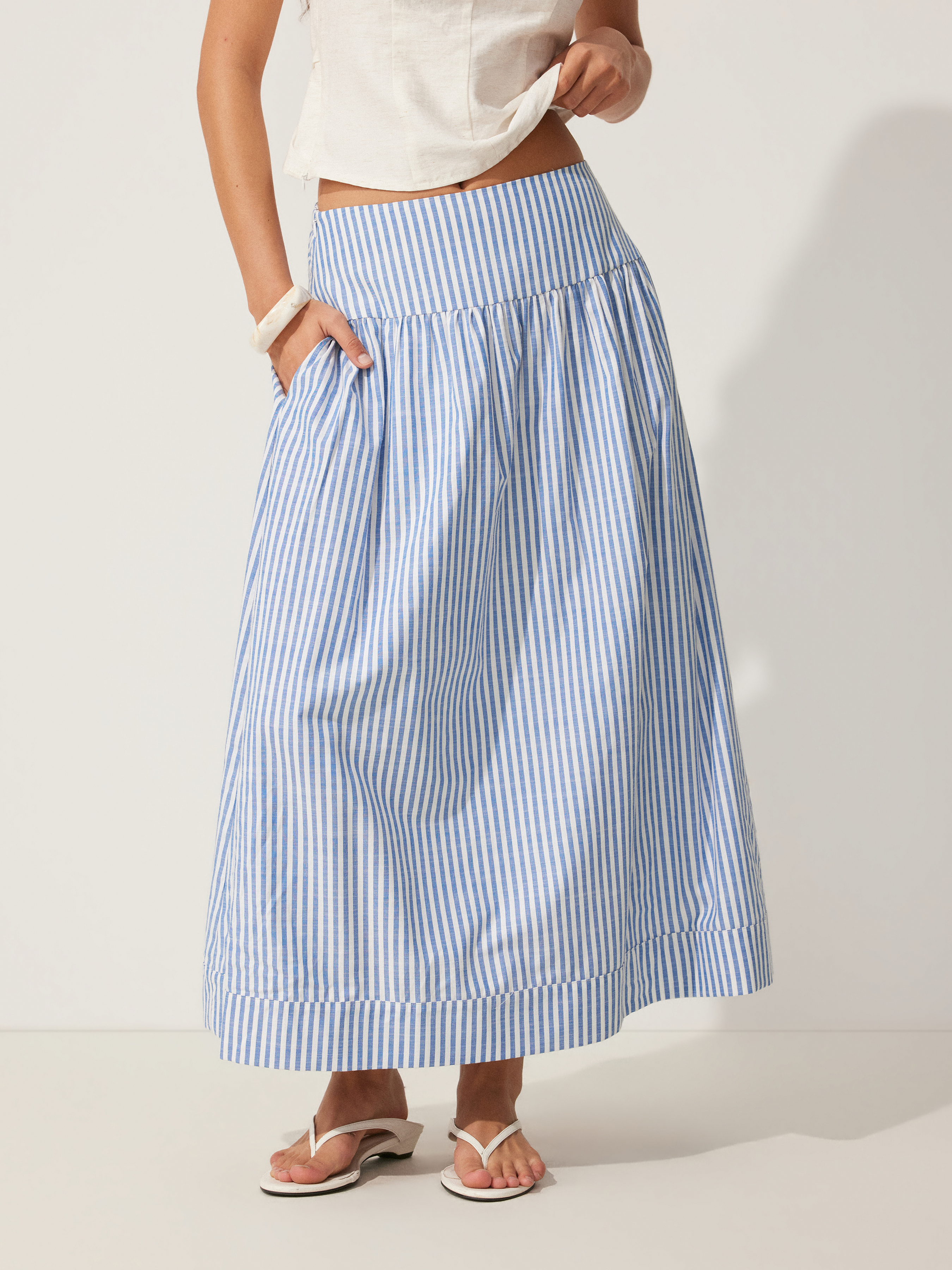 Cotton-blend Mid Rise Striped Flared Maxi Skirt