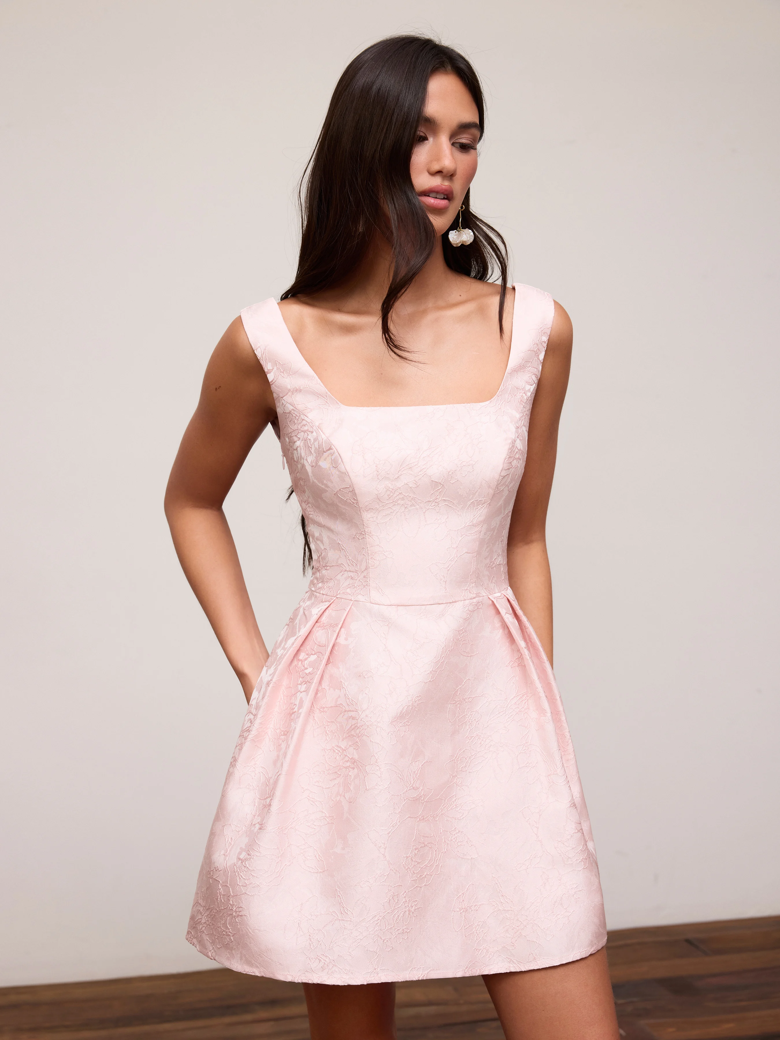 Jacquard Sculptural Square Neck Bowknot Flared Mini Dress