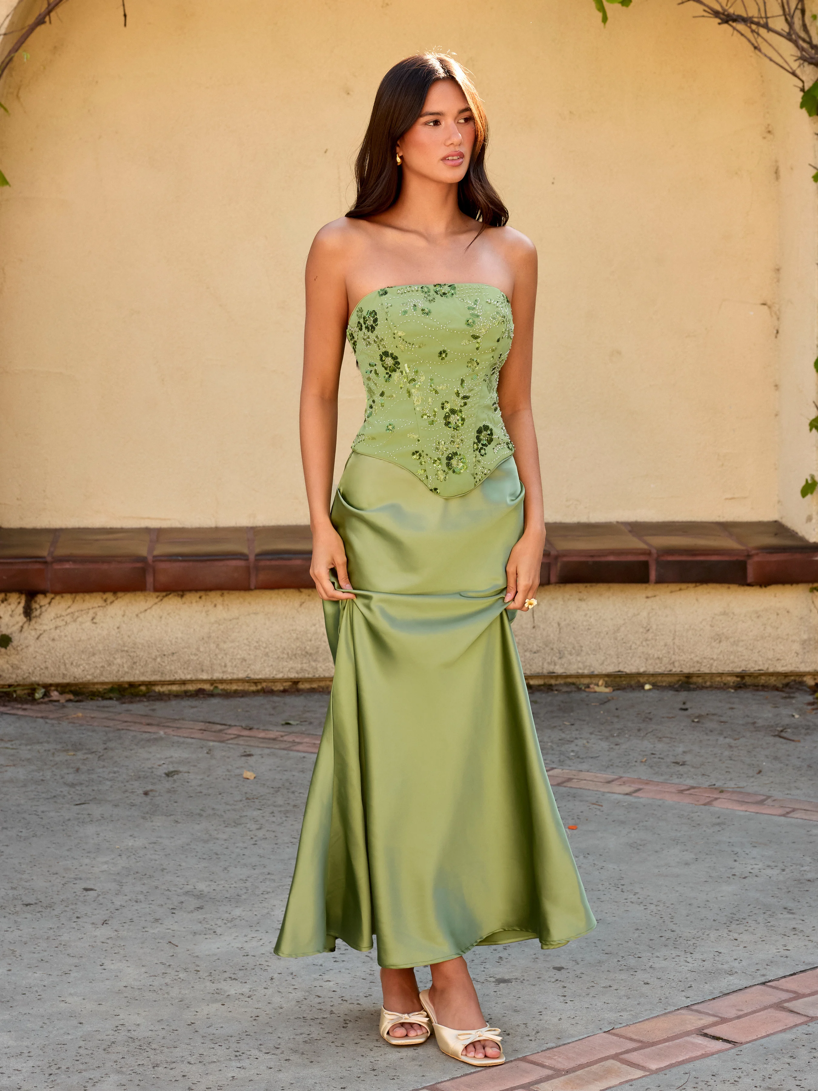 Lace Sculptural Embroidery Floral Corset Top & High Rise Mermaid Maxi Skirt Set