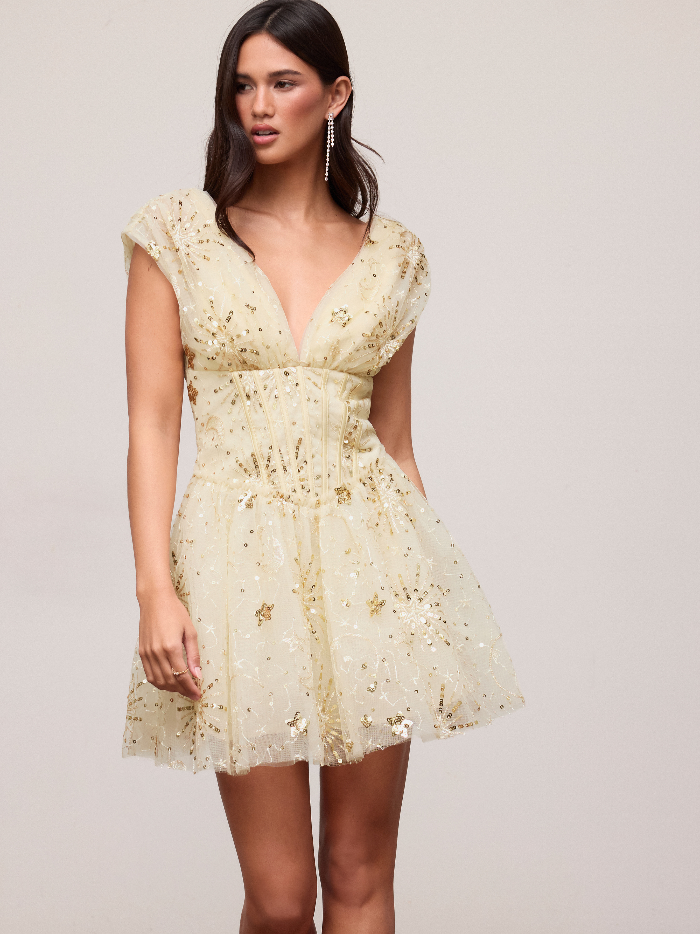 Textured Sequins V-neck Embroidery Lace Up Mini ALINE Dress