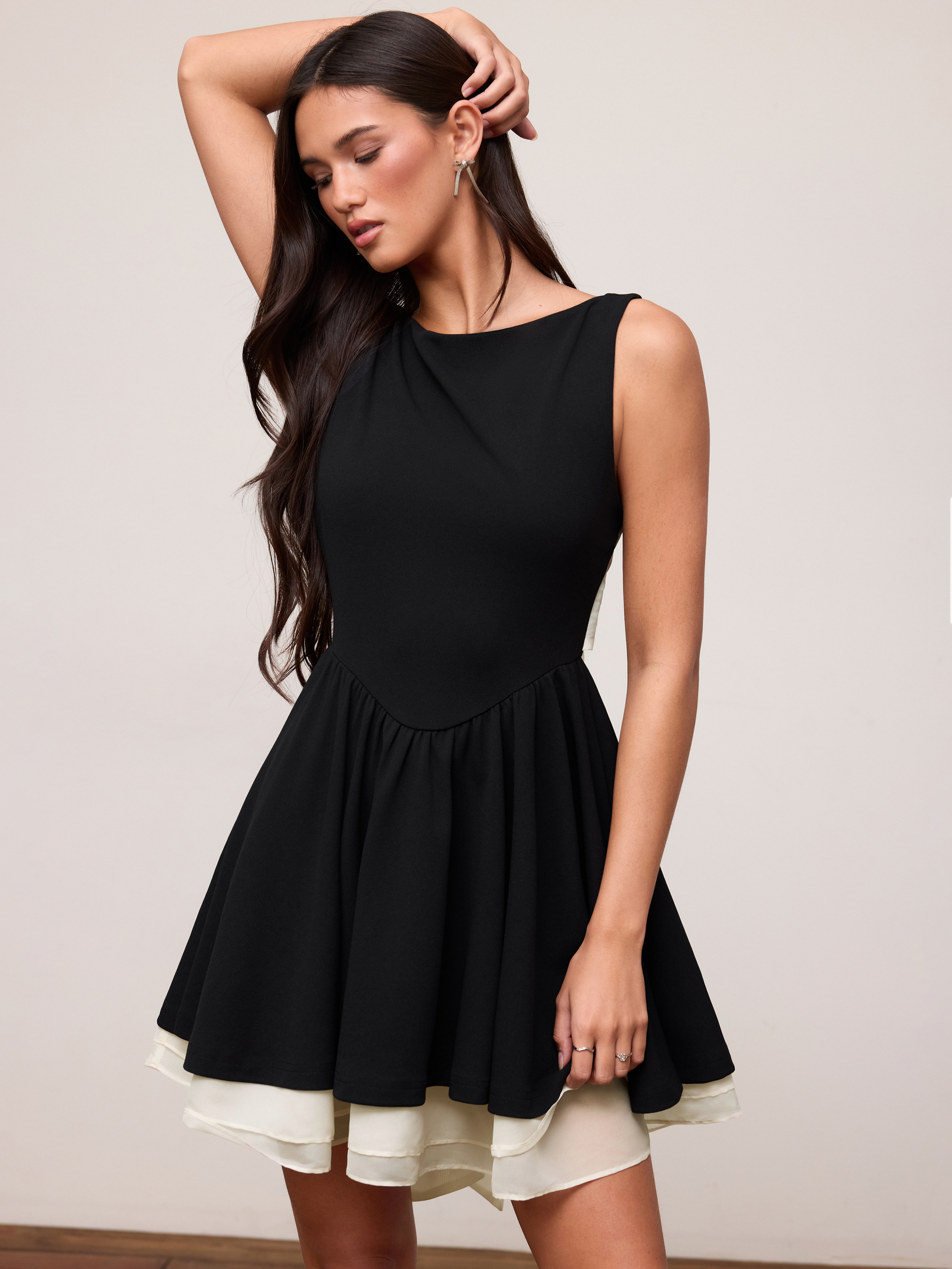 Colorblock Boat Neck High Rise Bowknot Flared Mini Dress