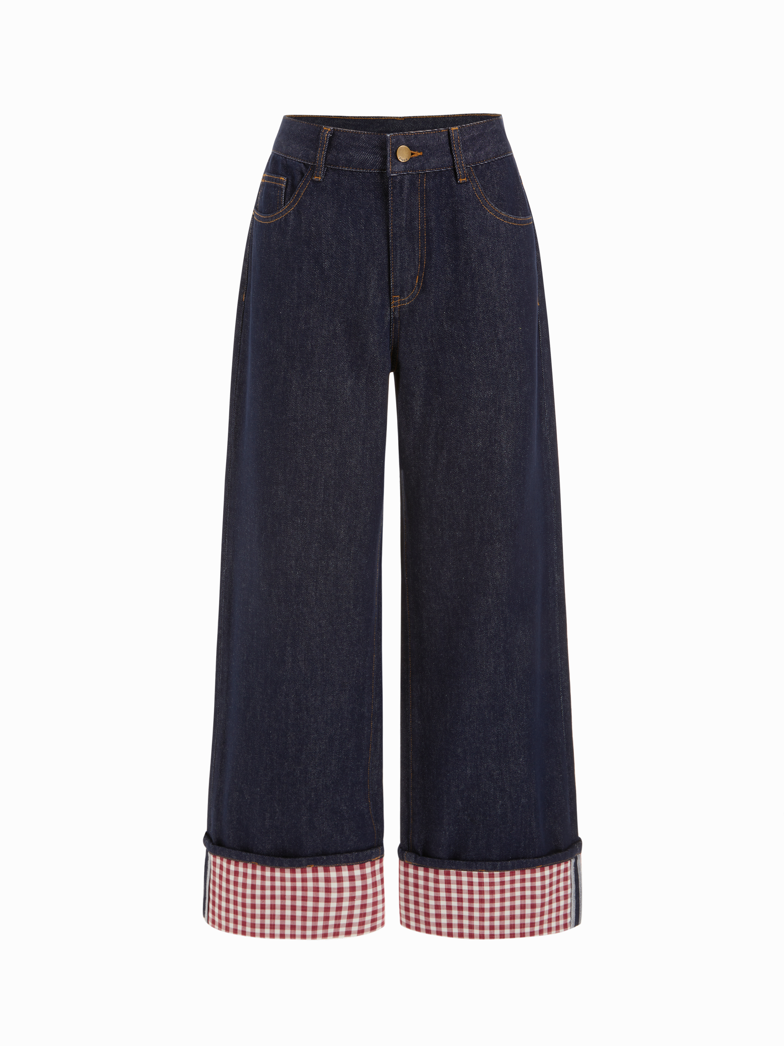 Washed Denim Gingham Wide Leg Oversized Cropped Jeans