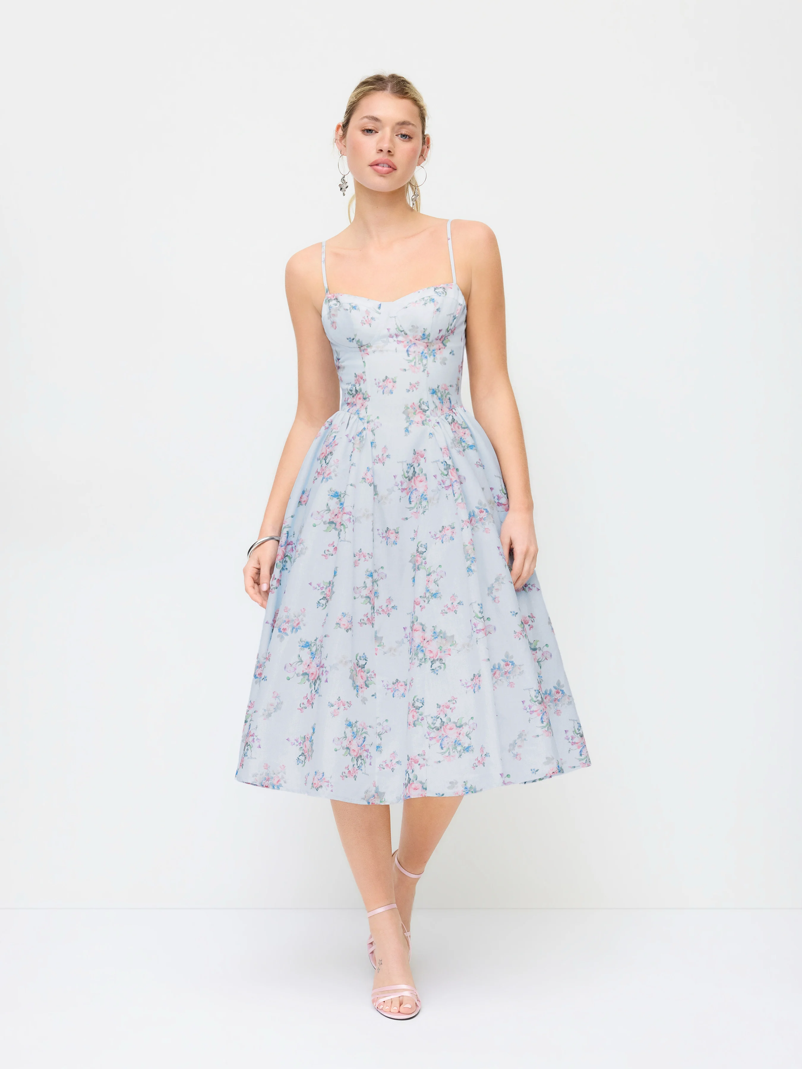 Textured Sculptural Floral Sweetheart Floral High Rise Flared Midi Dress