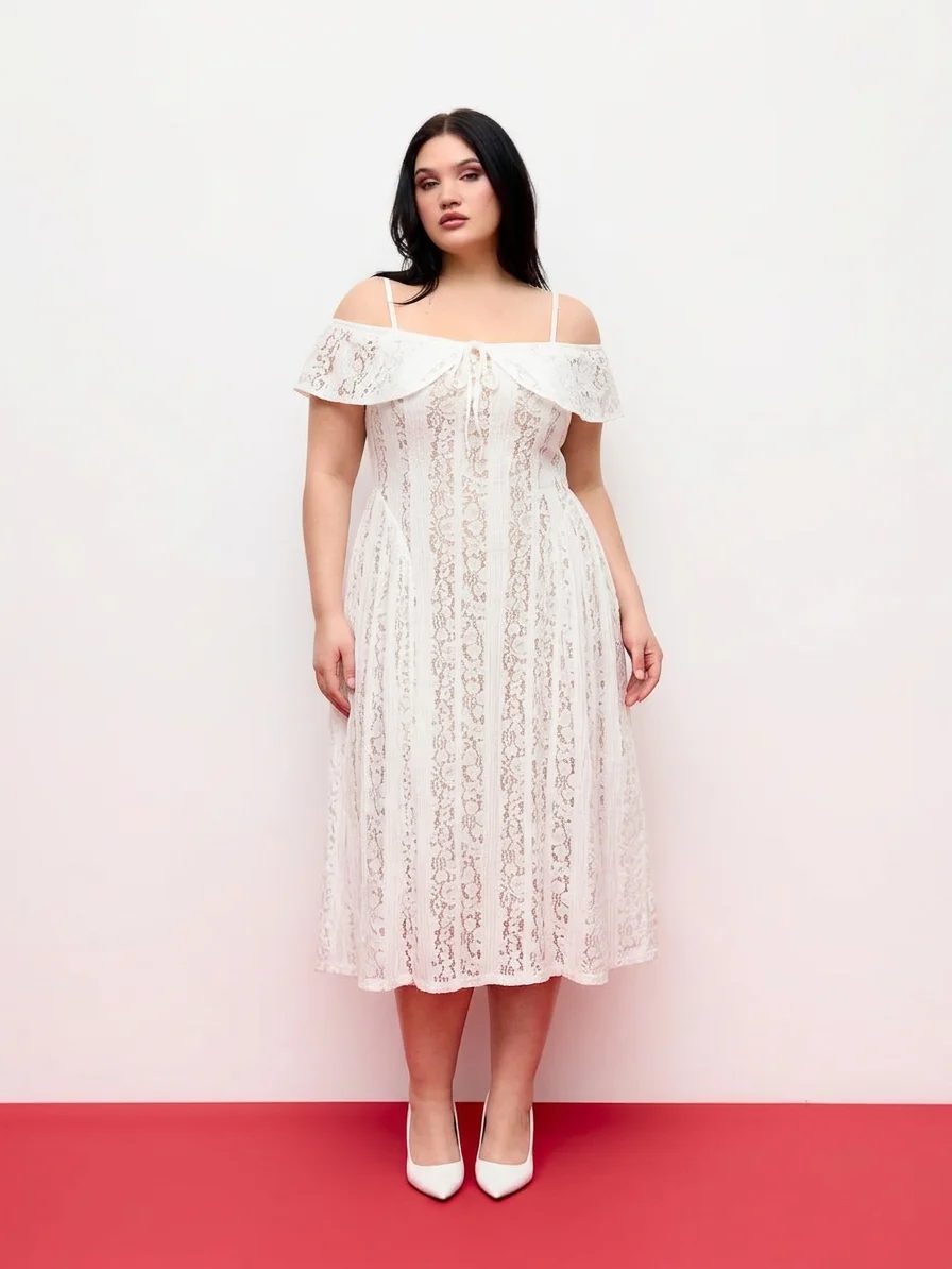 Lace Off-Shoulder Knotted Flared Maxi Dress Curve & Plus