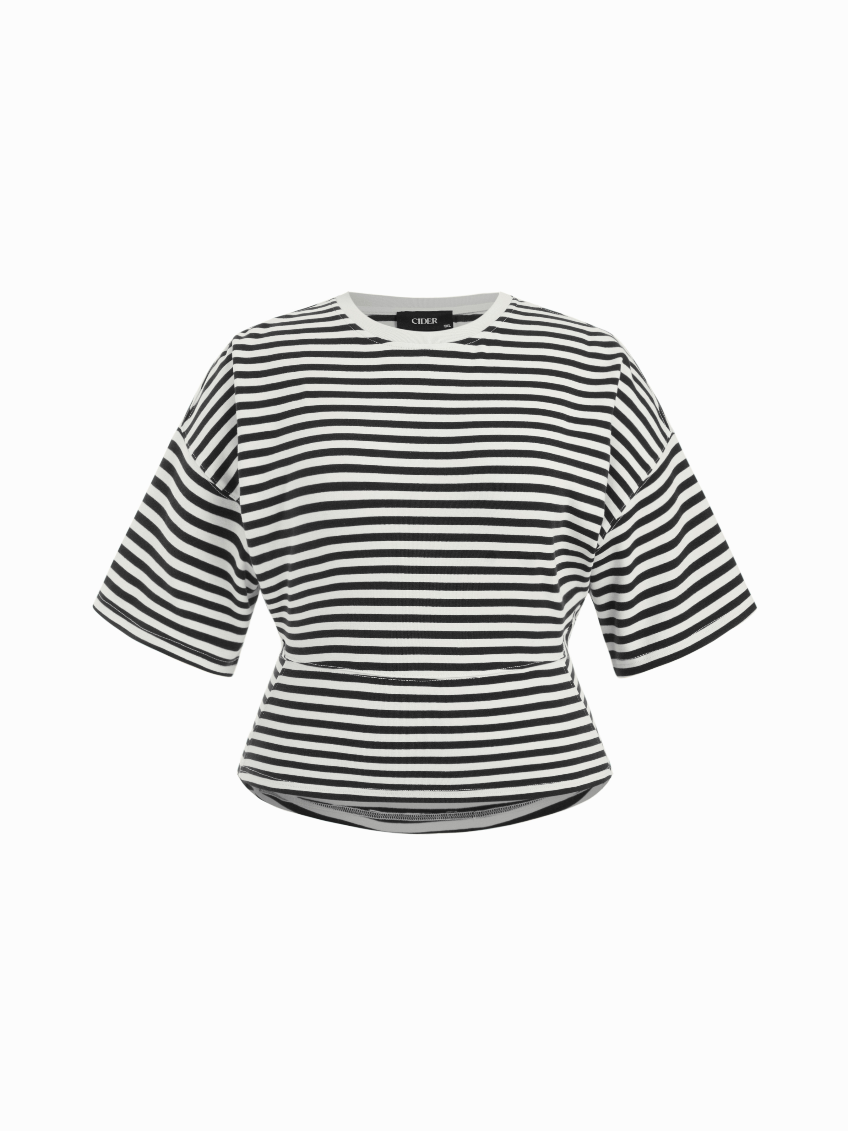 Cotton-blend Striped Short Sleeve Cinched Waist Tee Curve & Plus