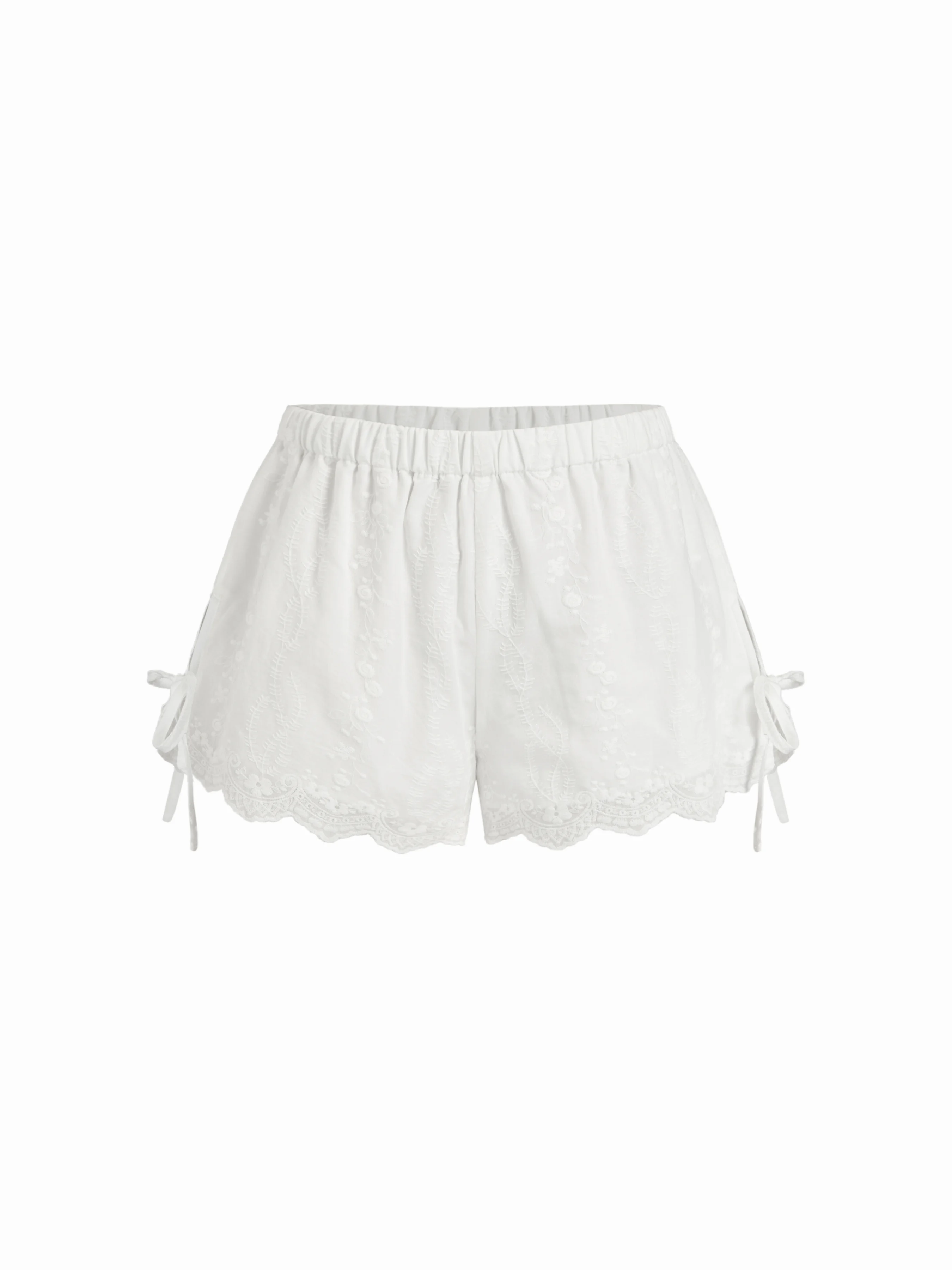 Cotton Low Rise Embroidery Tie Side Split Pointed Hem Oversized Shorts