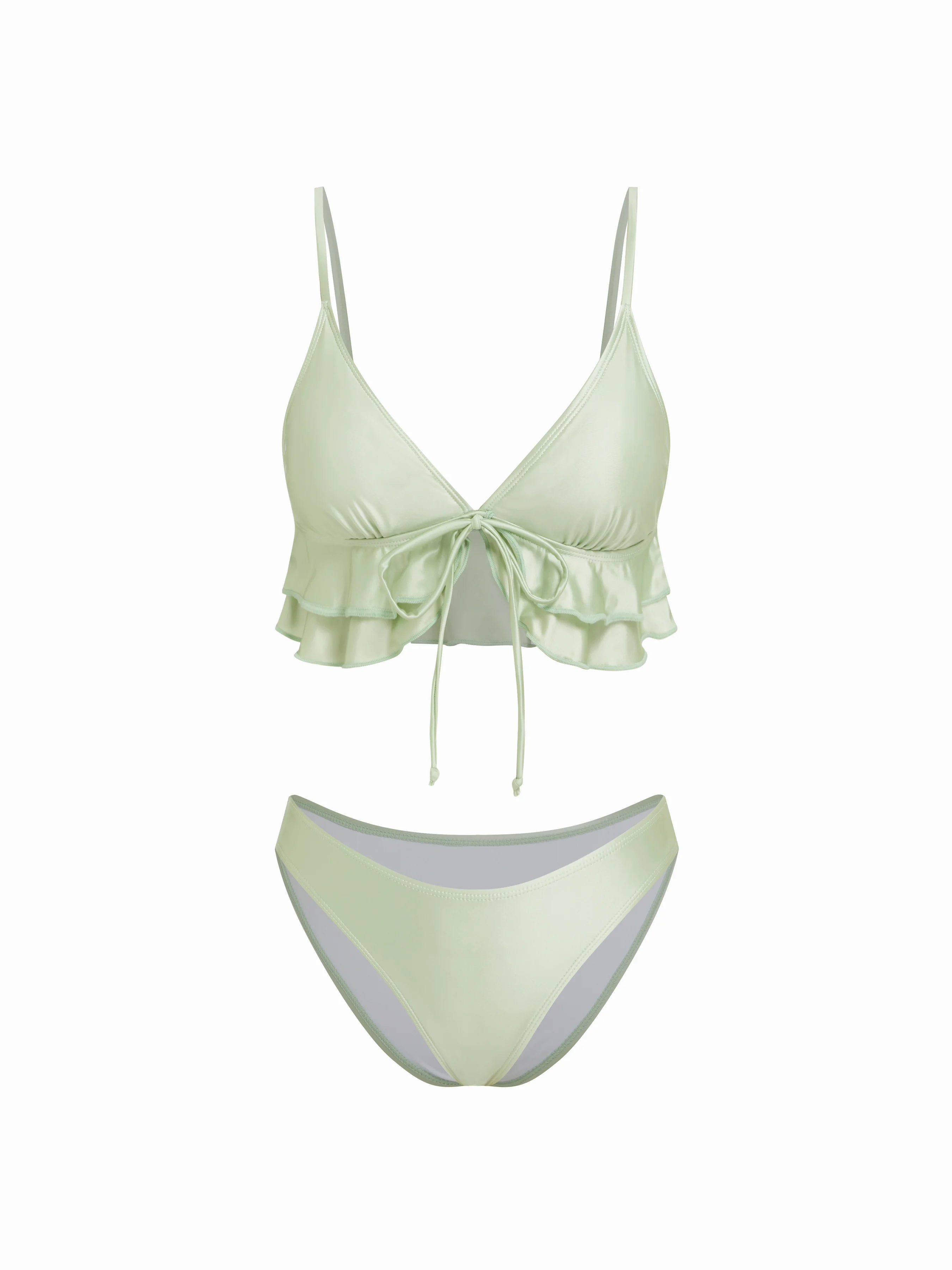 V-neck Ruffle Hem Tie Front Triangle Low Rise Cheeky Bikini Set