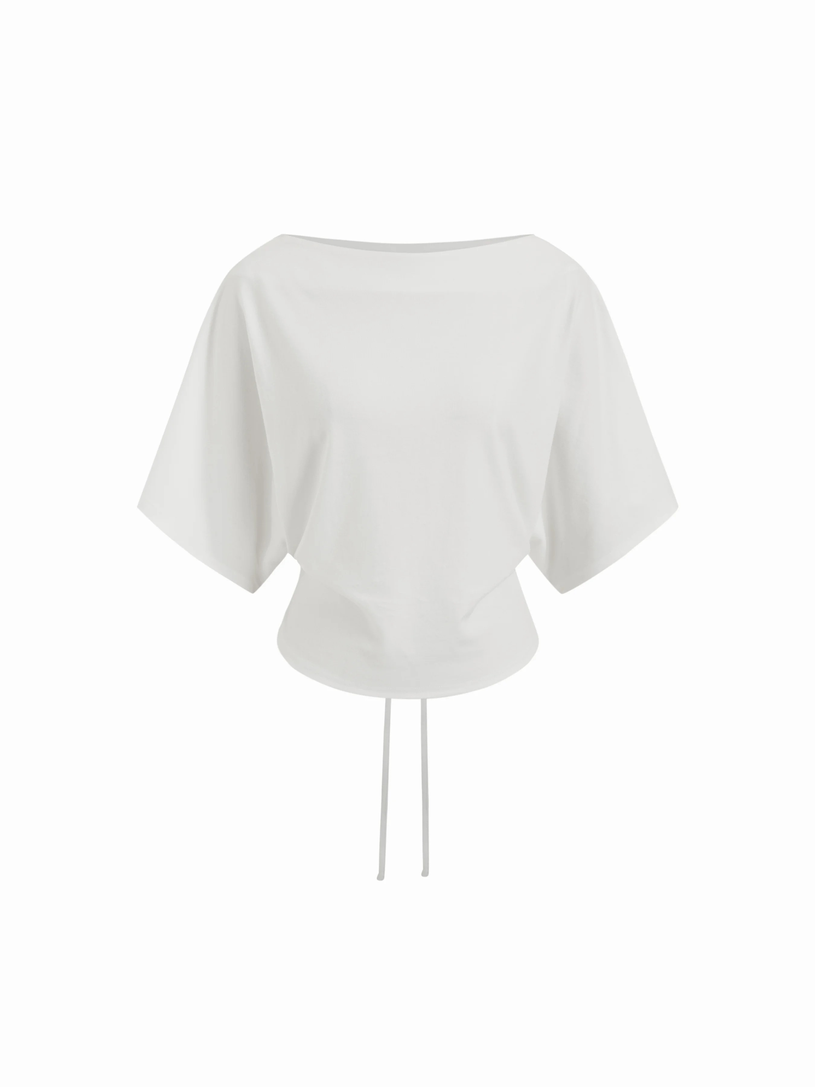 Cotton-blend Boat Neck Batwing Sleeve Drawstring Tee