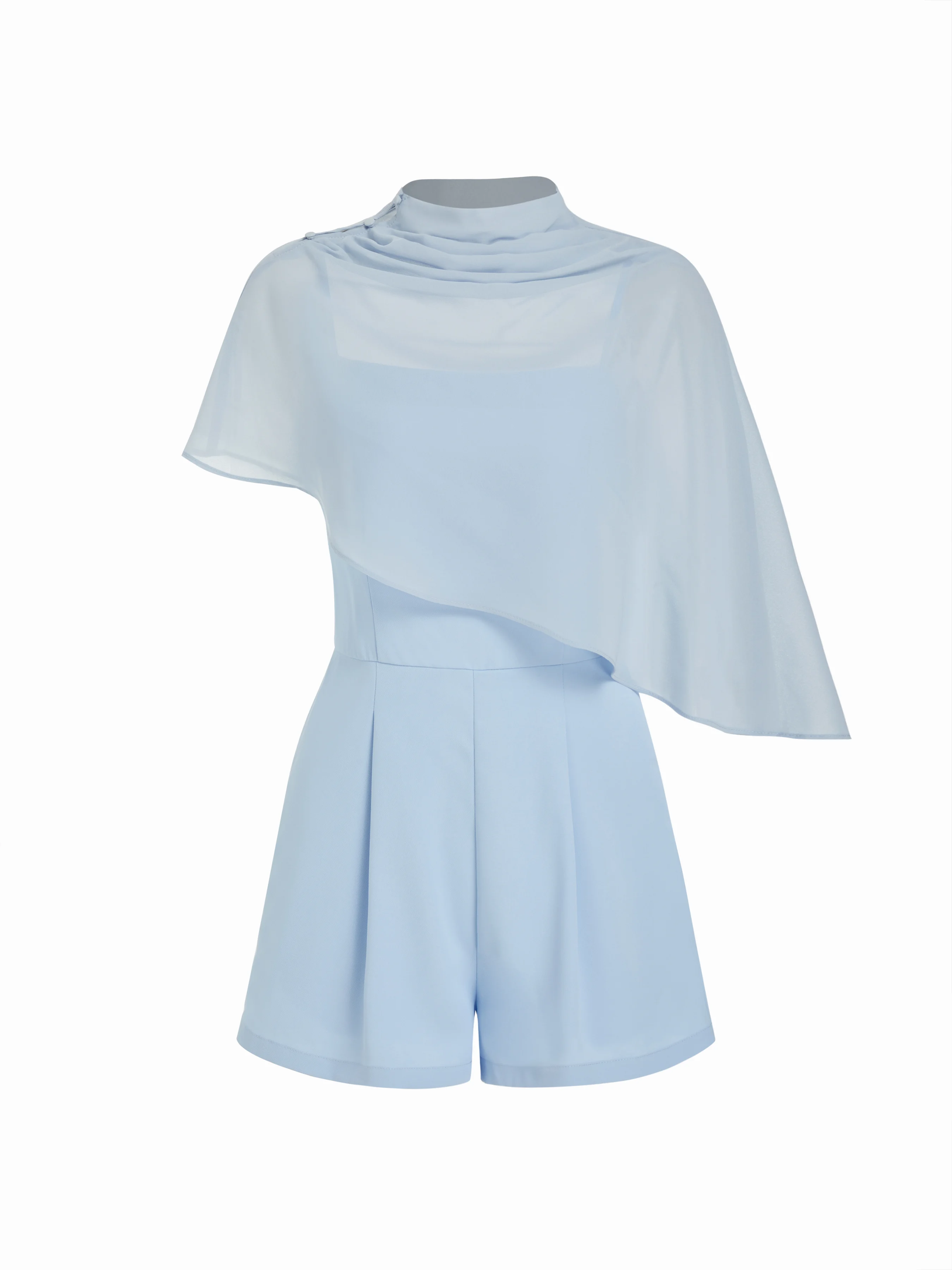 High Neck Asymmetrical Cloak Sleeve Poncho Top & Mid Rise Romper Set