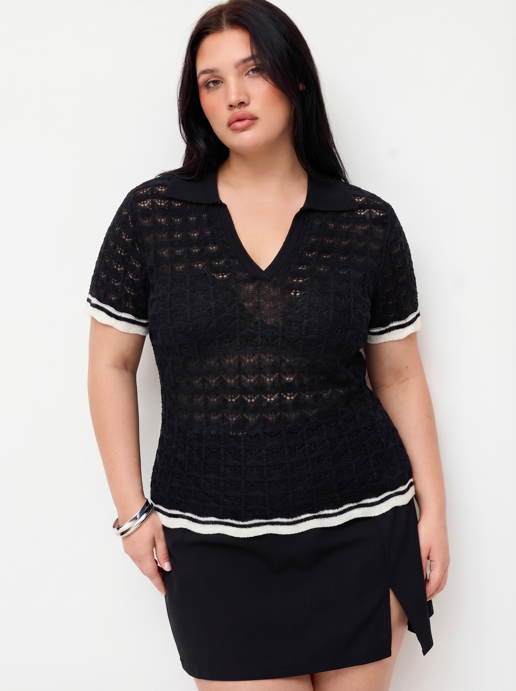 Knit Collar V-Neck Hollow Out See-through Top Curve & Plus