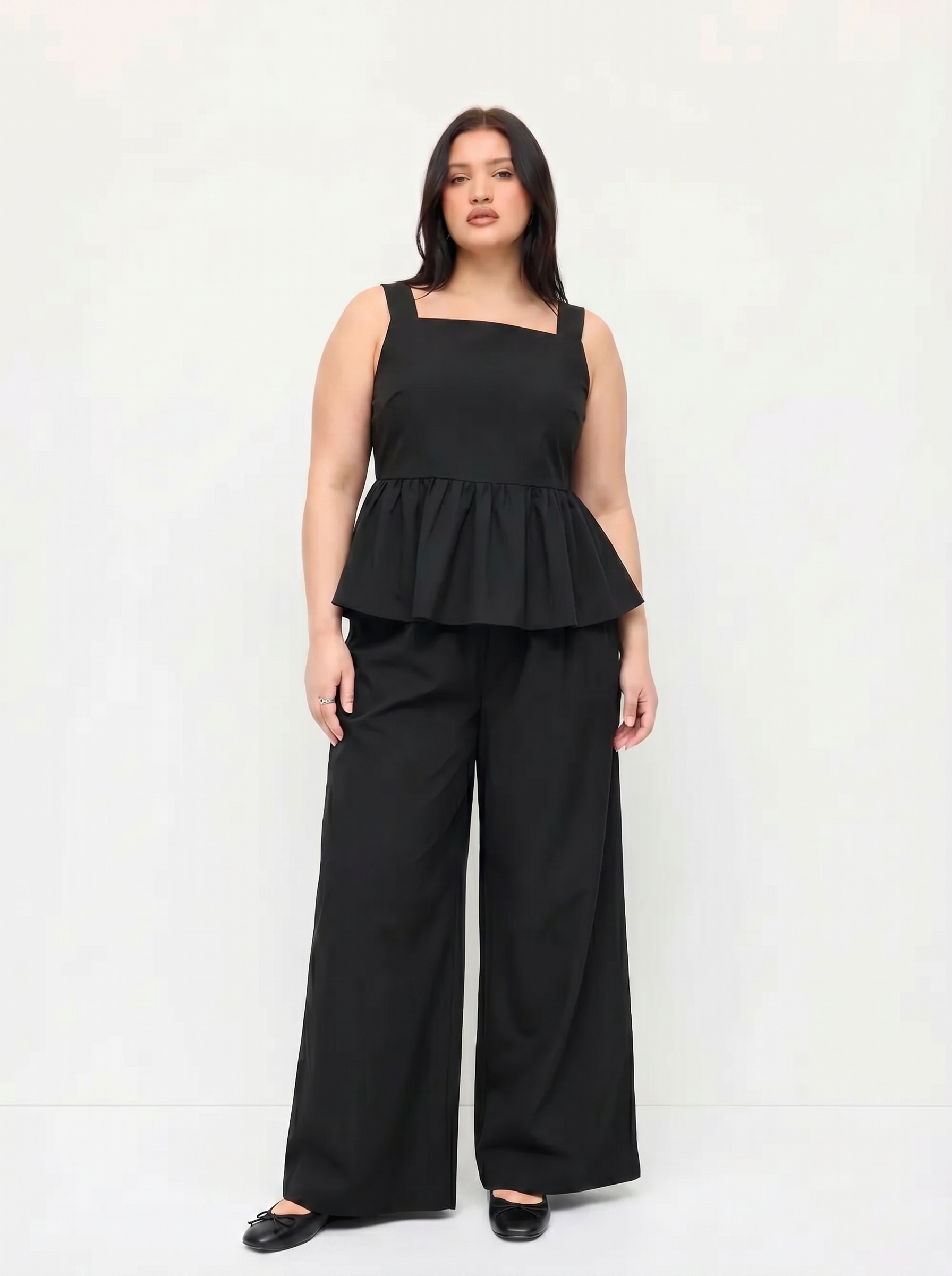 Linen-blend Square Neck Ruffle Hem Tank Top & Wide Leg Trousers Set Curve & Plus
