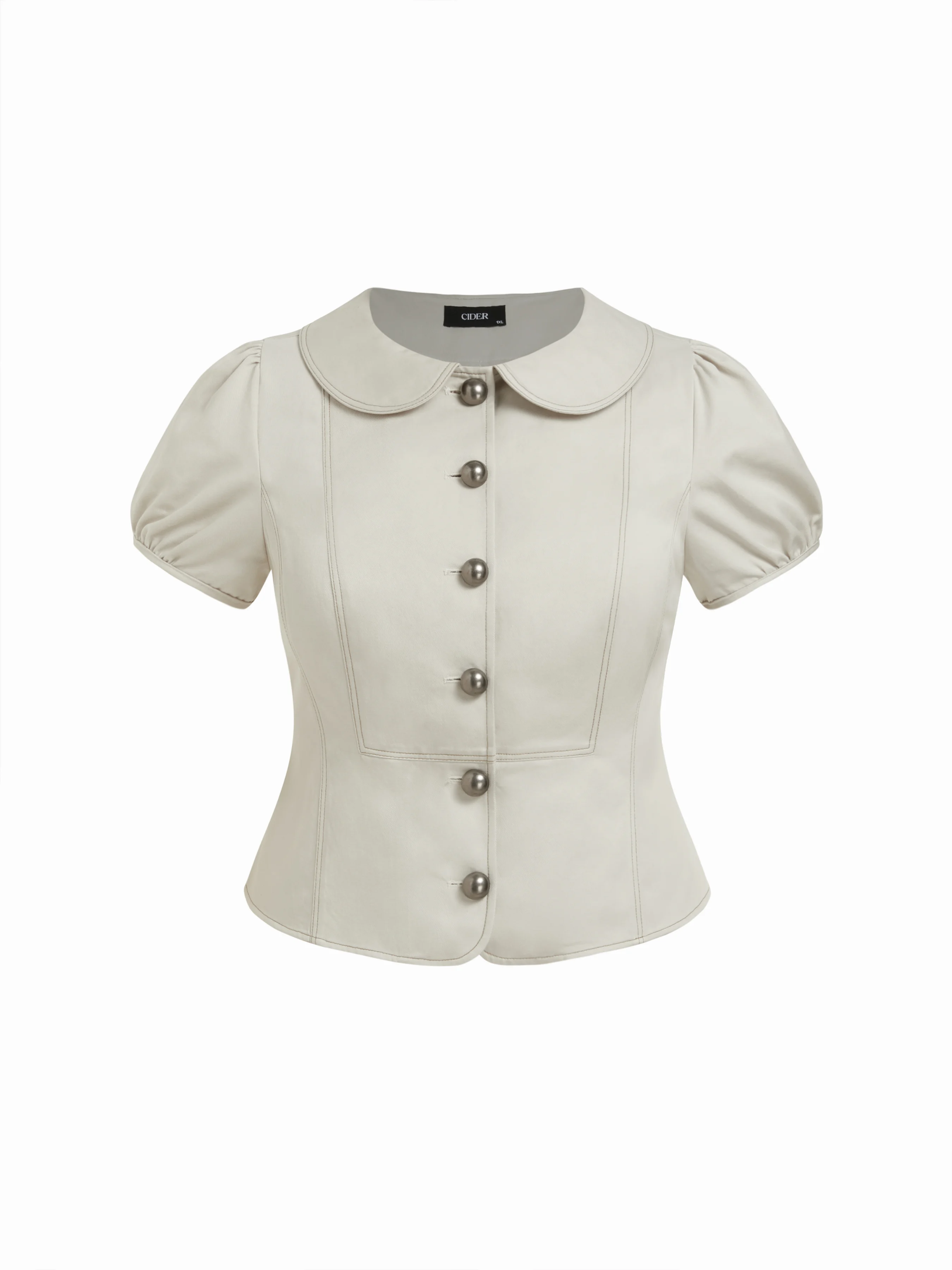 Cotton-blend Peter Pan Collar Puff Sleeve Blouse Curve & Plus
