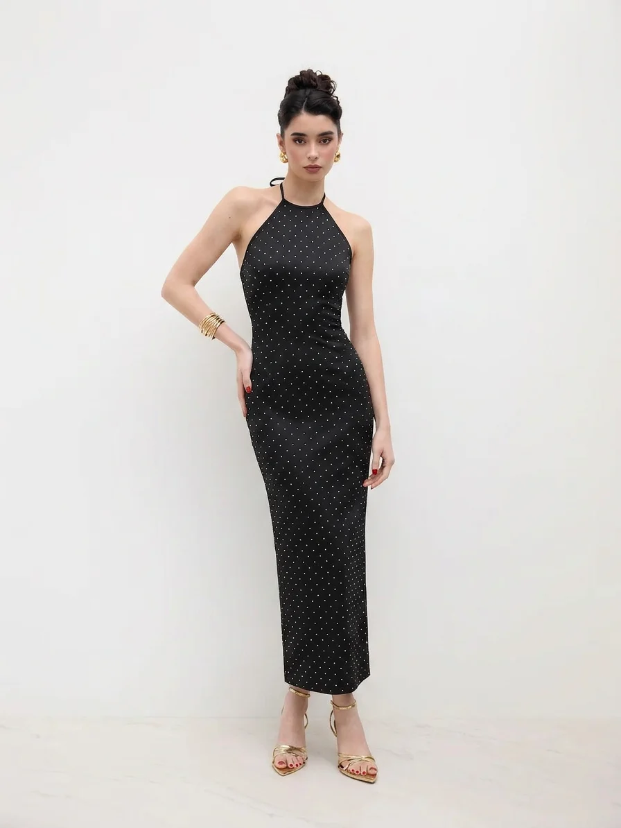 Satin Halter Neck Backless Rhinestone Detail Maxi Dress