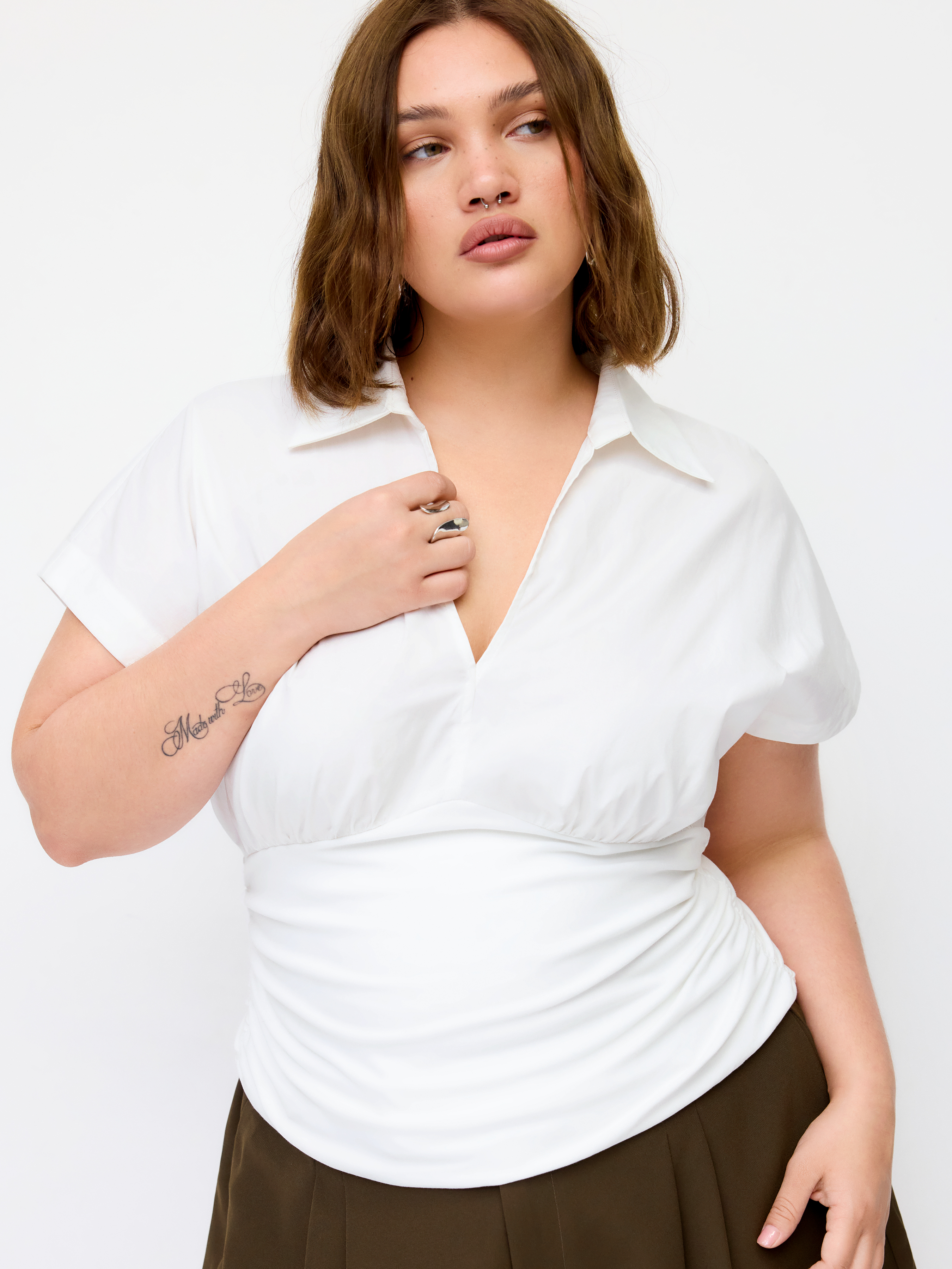 Cotton-blend V-neck Ruched Short Sleeve Blouse Curve & Plus