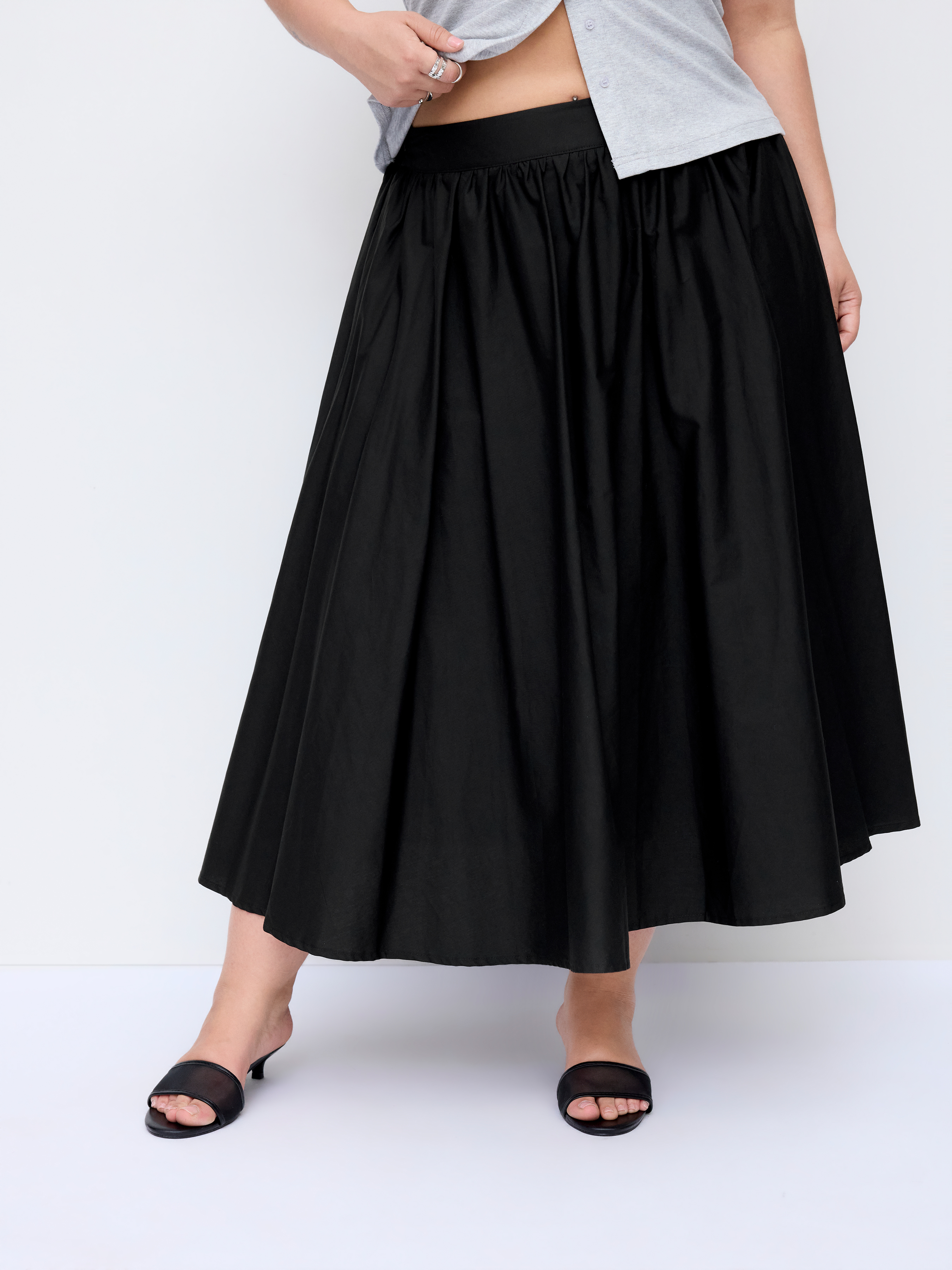 Cotton Mid Rise Draped Pleated Flared Midi Skirt Curve & Plus