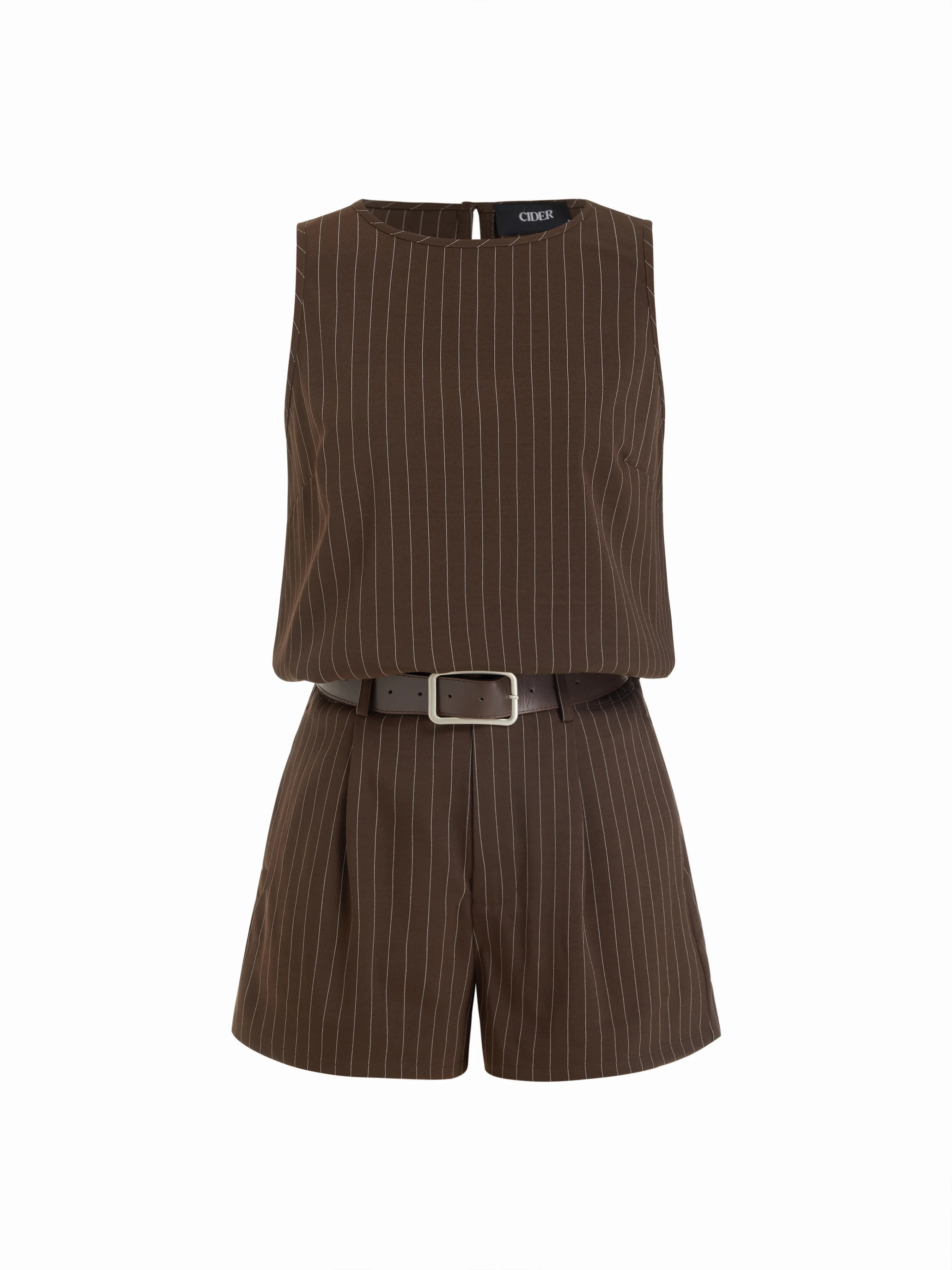Round Neckline Striped Top & Mid Rise Striped Shorts Set with Belt