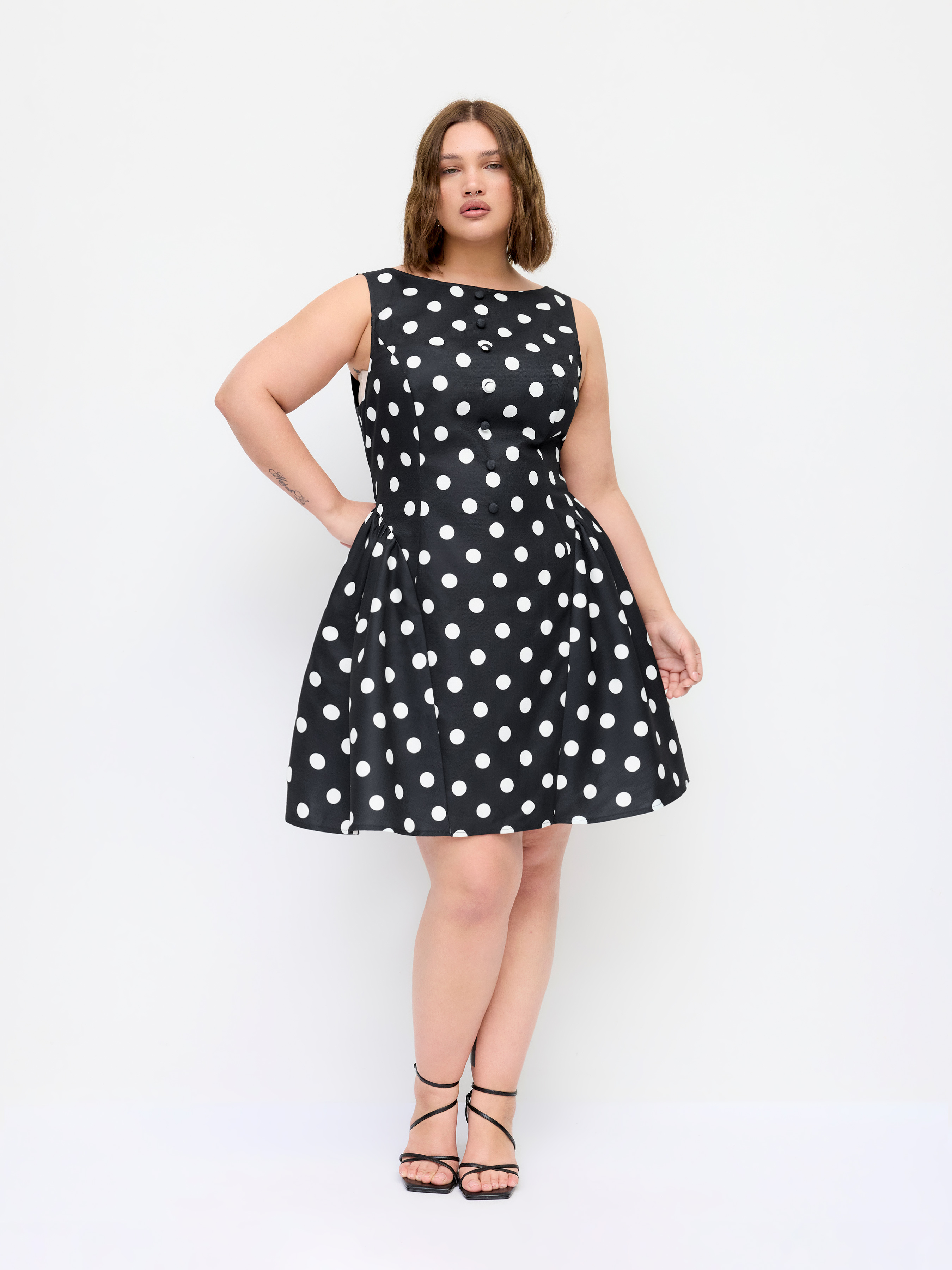 Boat Neck Knotted Polka Dot Backless Mini Dress Curve & Plus