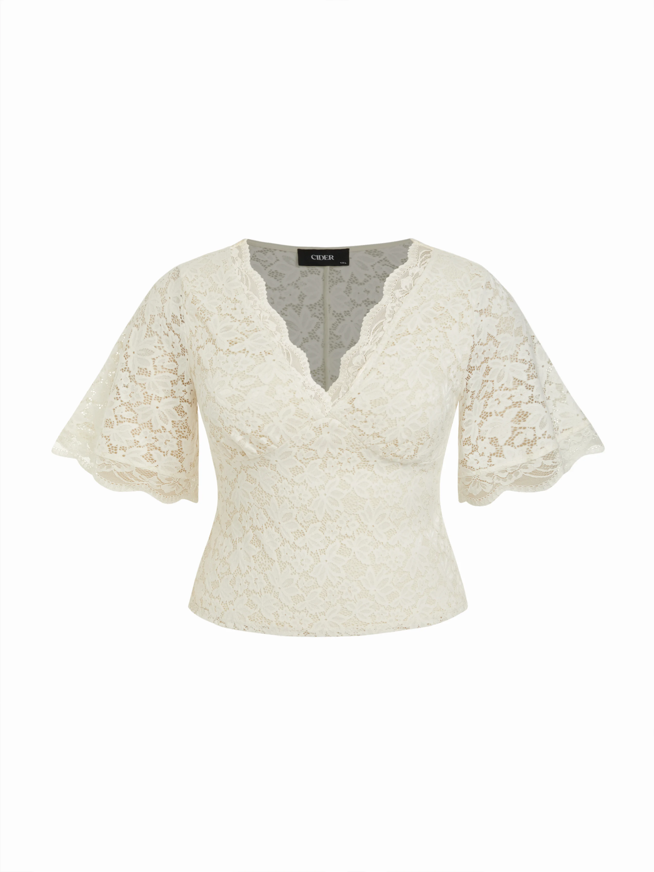 V-Neck Guipure Lace Ruffle Sleeve Crop Top Curve & Plus