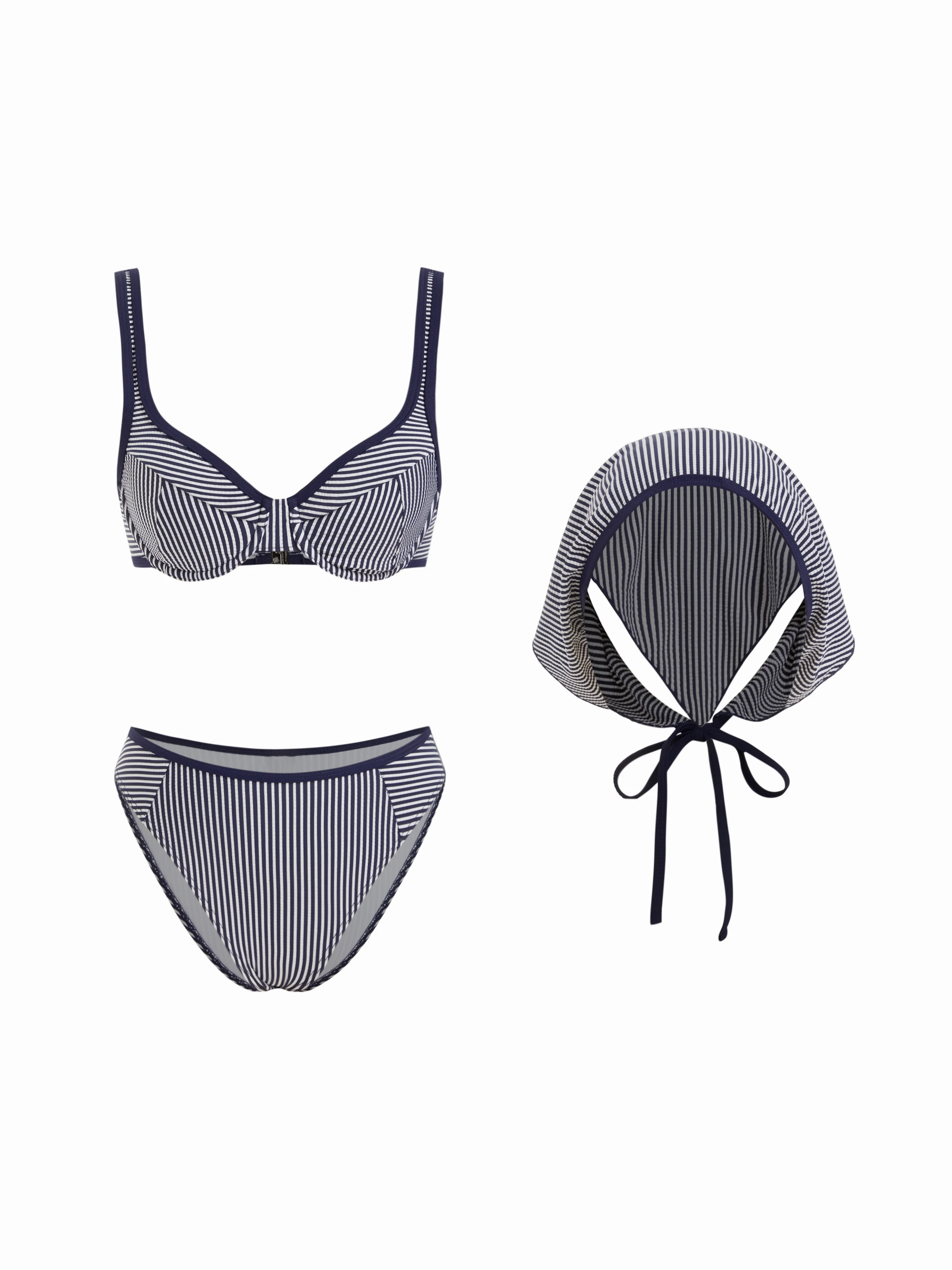Striped Sweetheart Underwire Cheeky Bikini Set With Headscarf