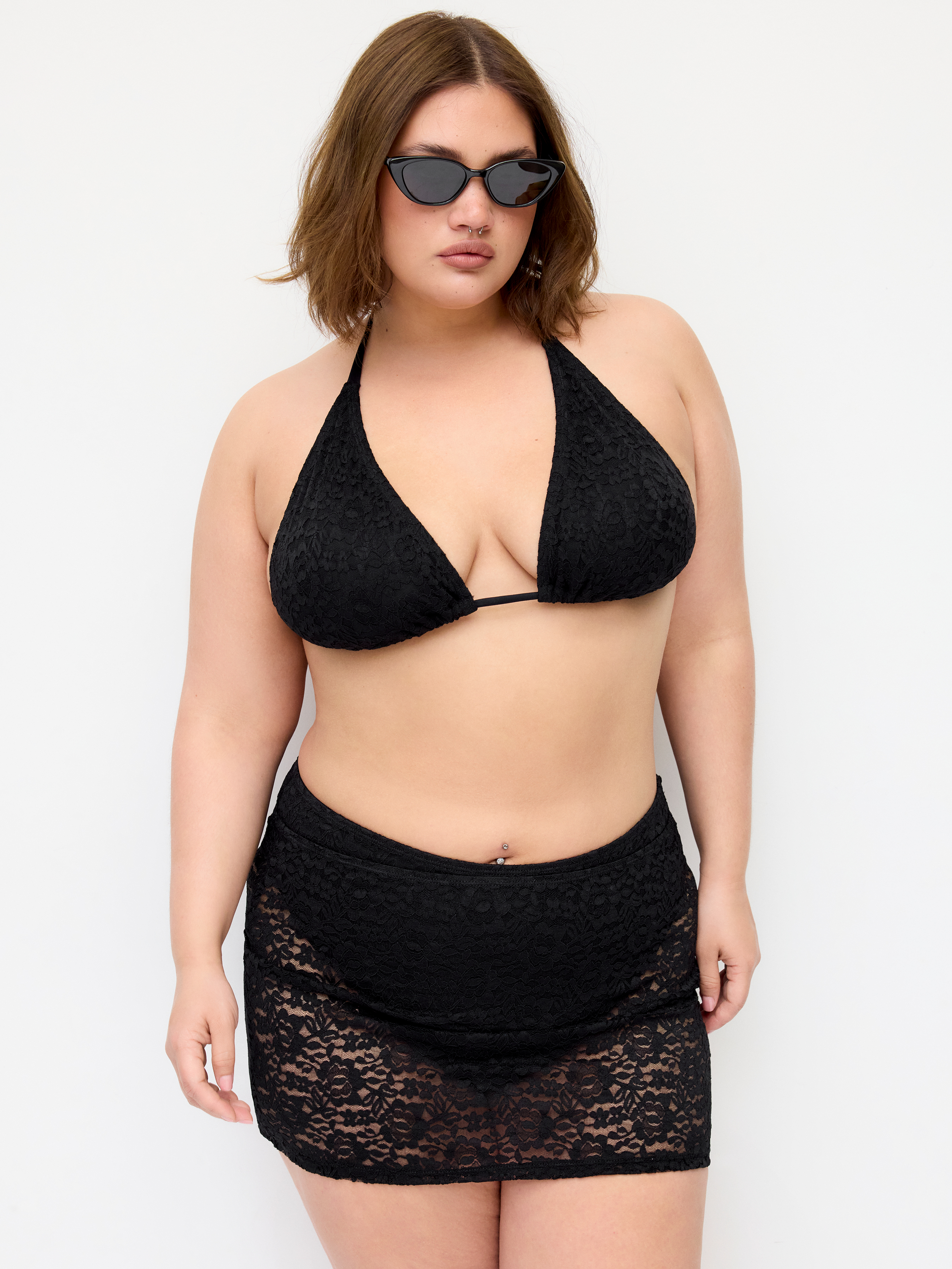 Lace Halter Neckline Triangle Mid Rise Bikini Set With Skirt Curve & Plus