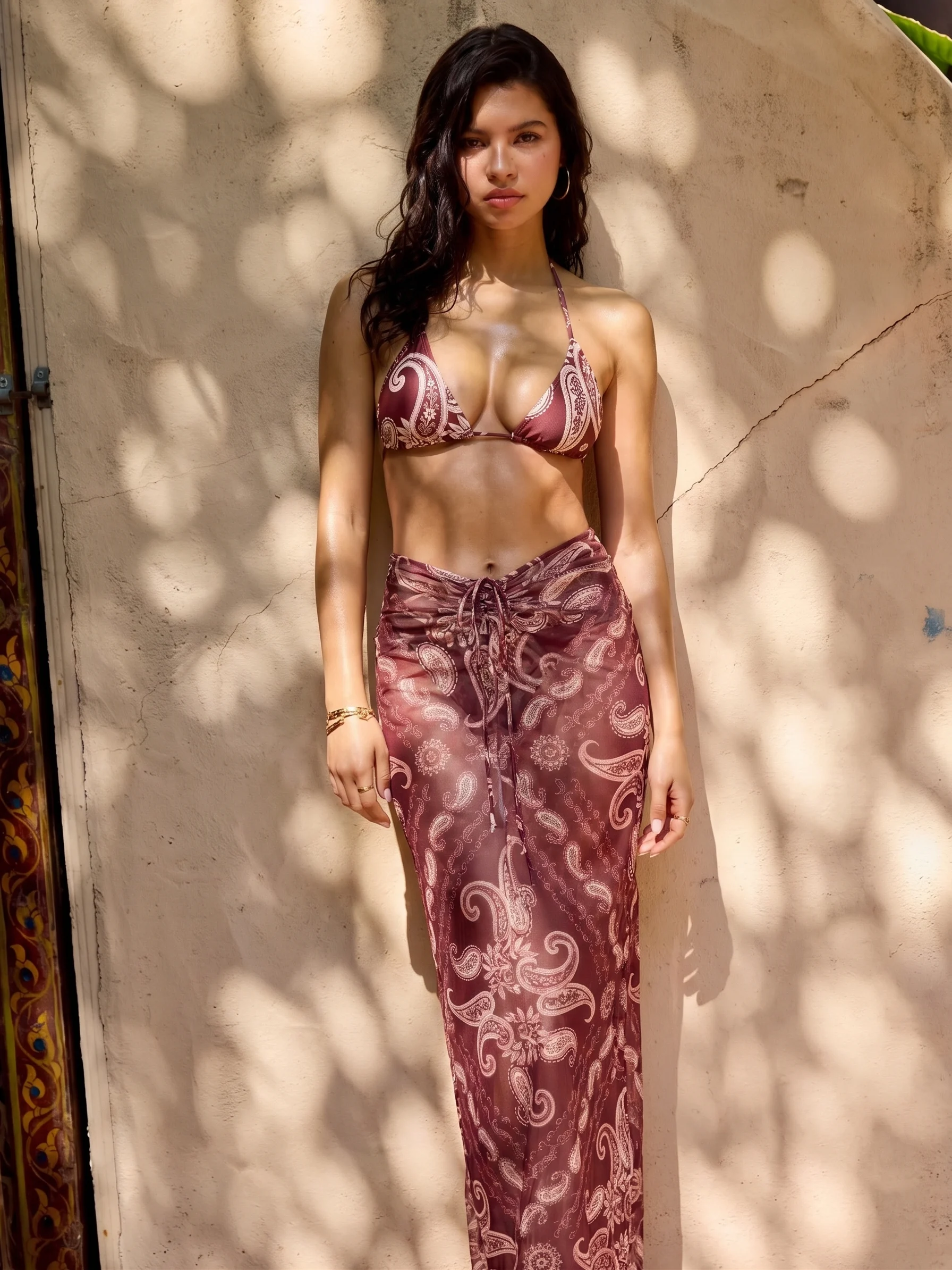 Halter Neckline Paisley Triangle Low Rise Bikini Set With Sarong