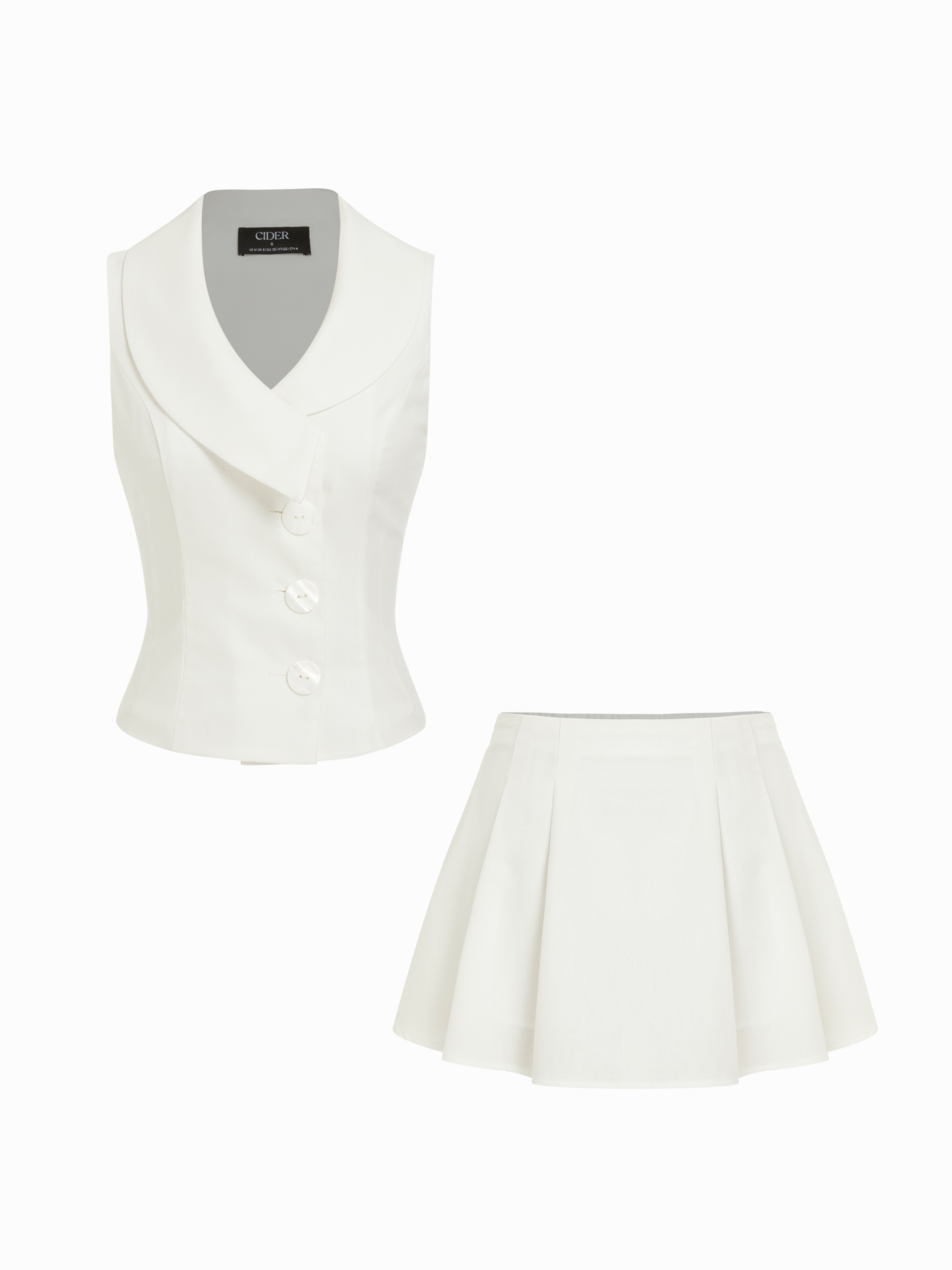 Linen-blend Shawl Collar Vest & Mid Rise Pleated Mini Skirt Set