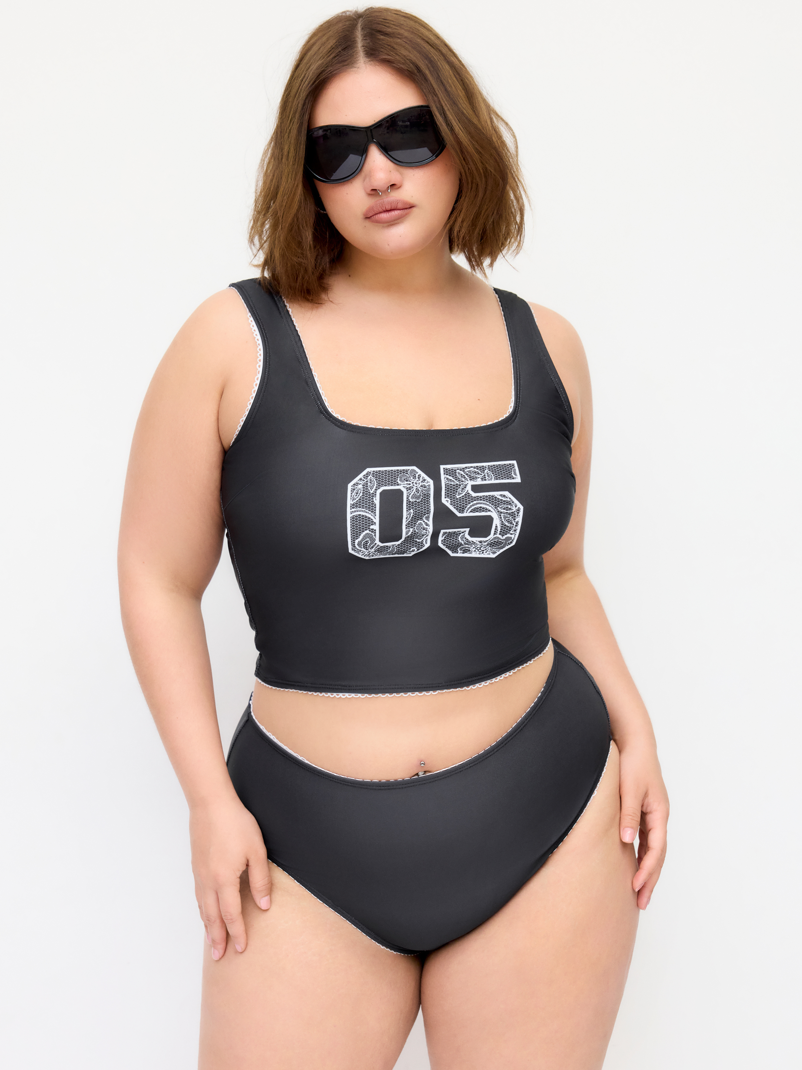 05 Graphic Square Neck Lace Trim Tankini Bikini Set Curve & Plus