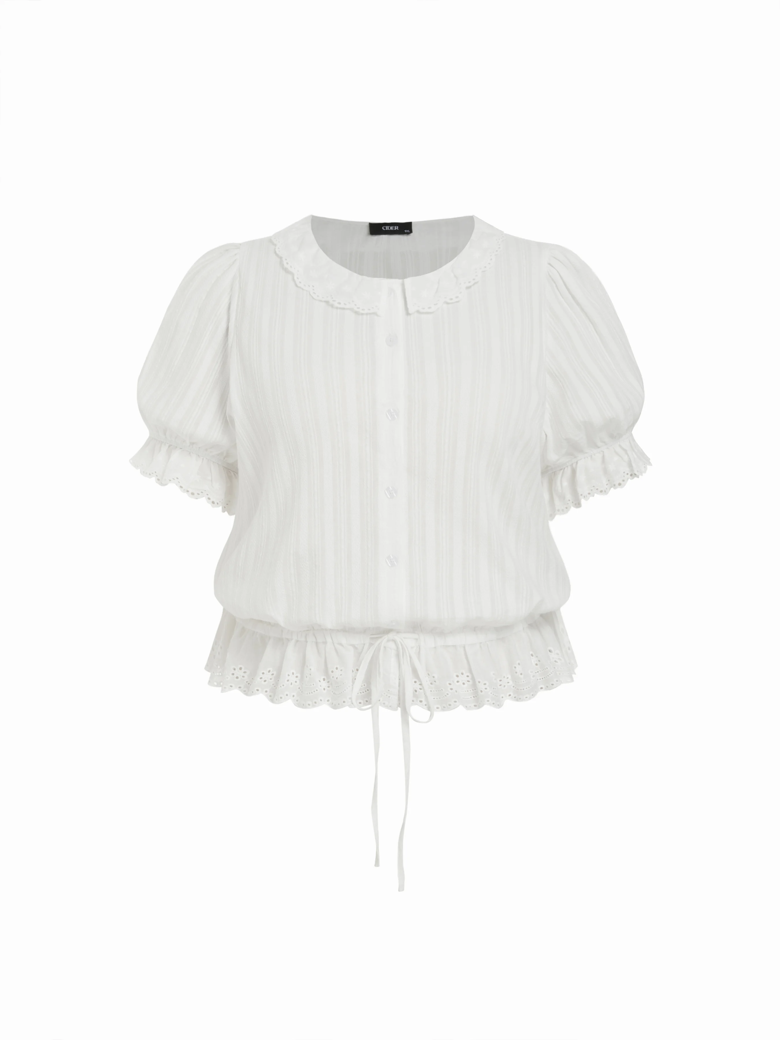 Cotton-blend Puff Sleeve Lace Trim Broderie Anglaise Oversized Blouse Curve & Plus