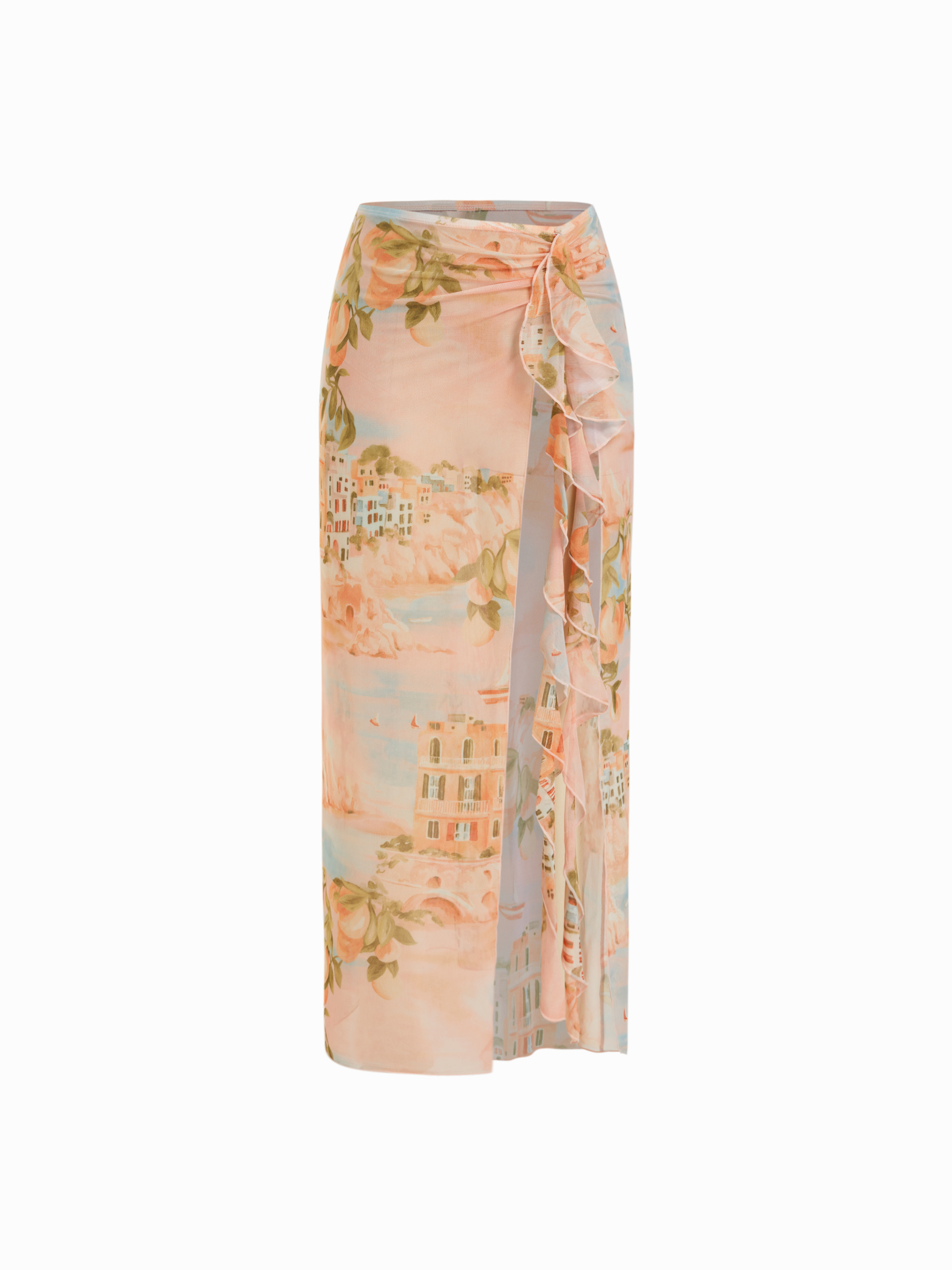 Semi-sheer Low Rise Fruit Graphic Knotted Ruffle Hem Sarong
