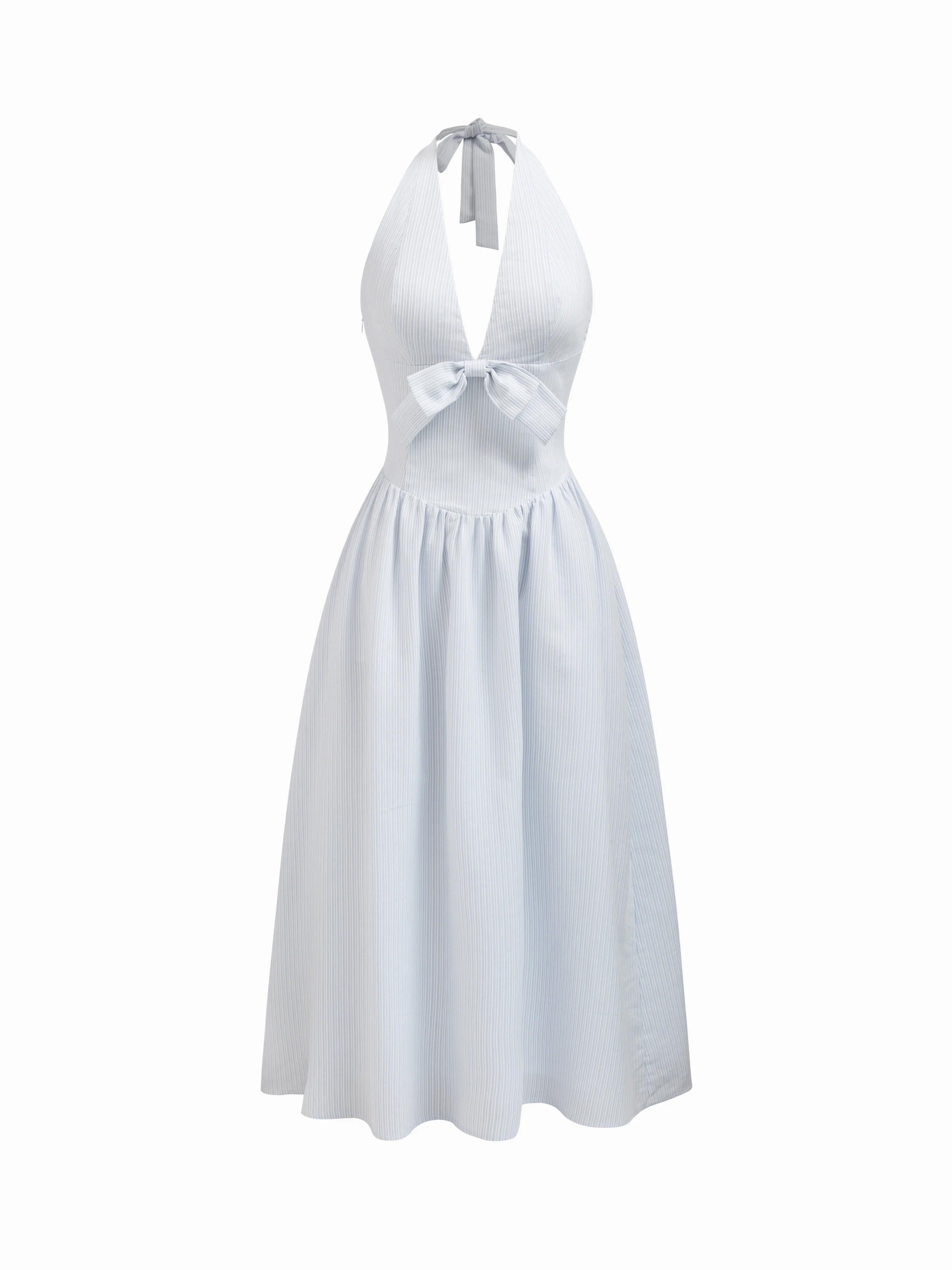 Cotton-blend Striped Halter Neck Bowknot A-line Maxi Dress