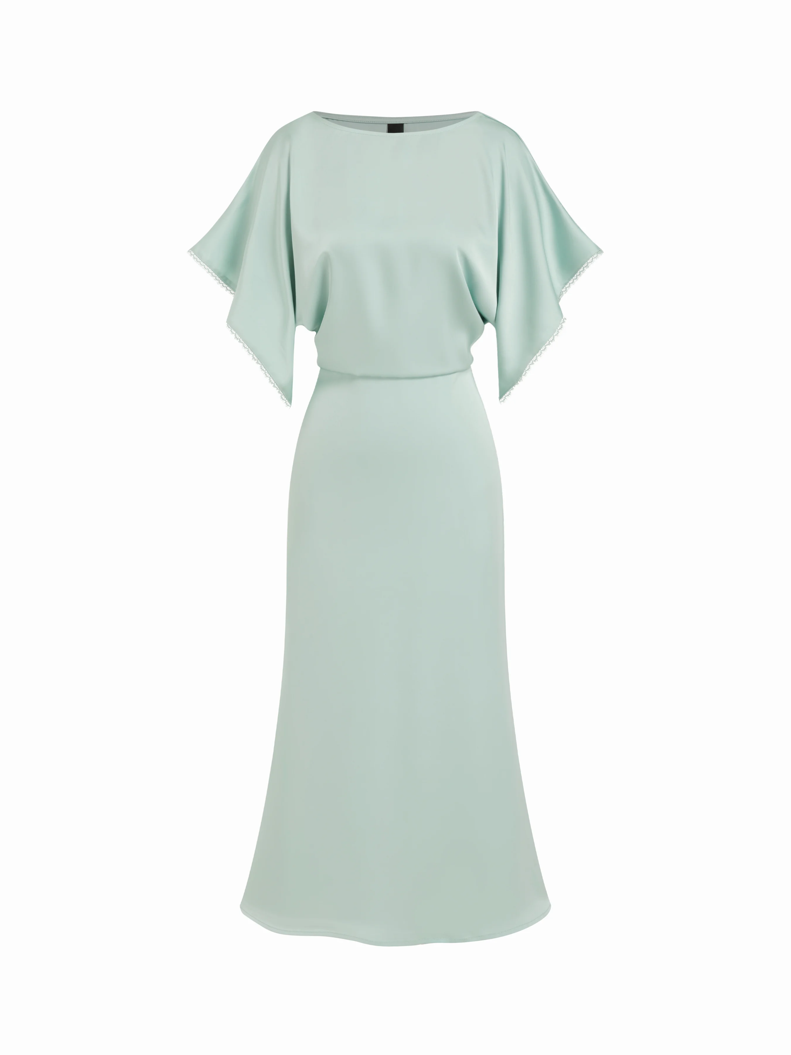 Satin Boat Neck Batwing Sleeve Lace Trim Maxi Dress